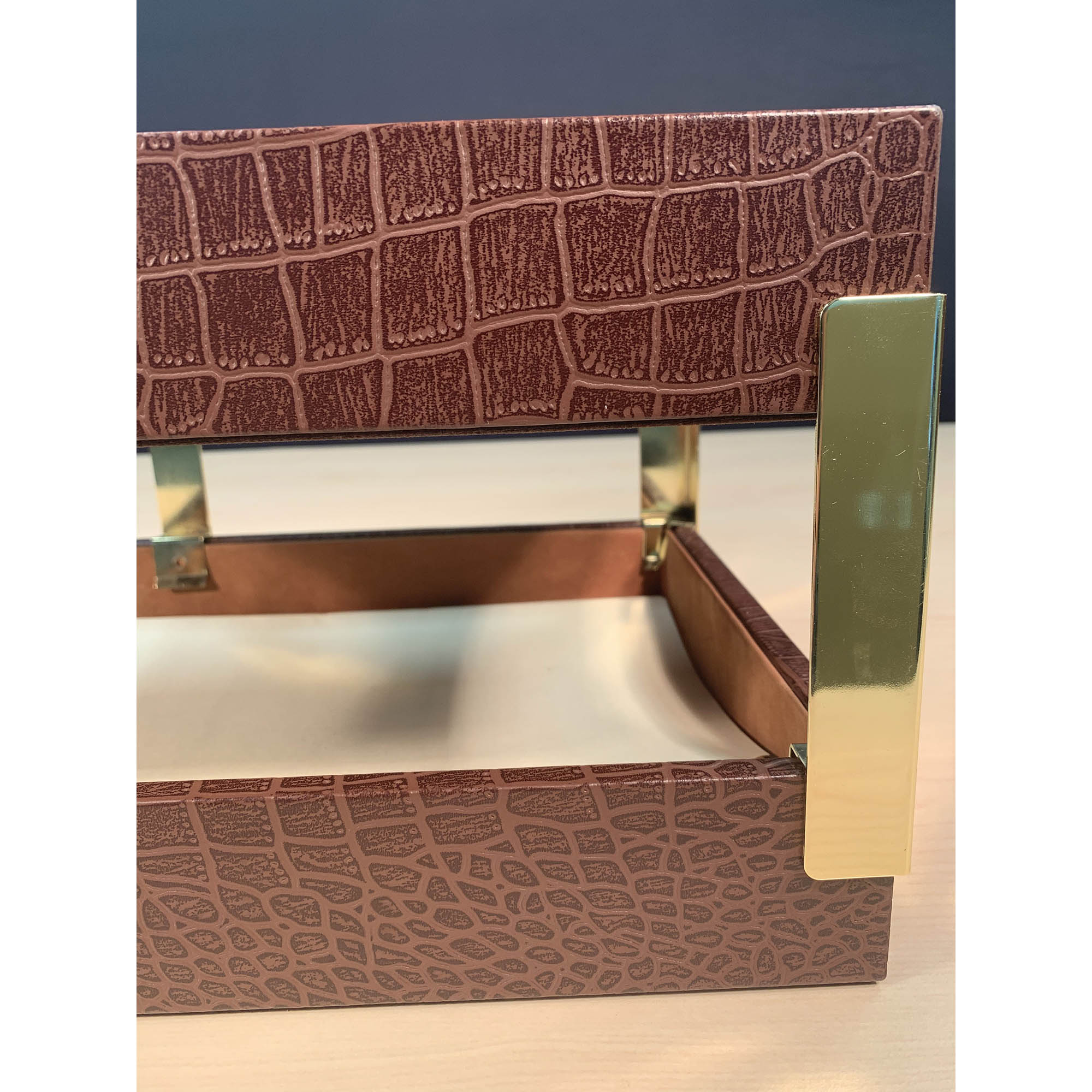 Brown Crocodile Embossed Leather Letter Trays, Stacking Set, Gold