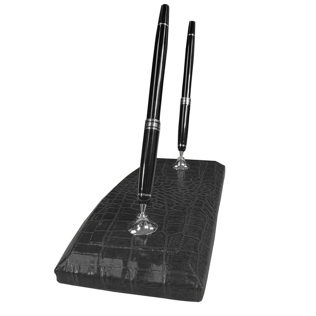 Black Crocodile Embossed Leather Double Pen Stand w/ Silver Accents