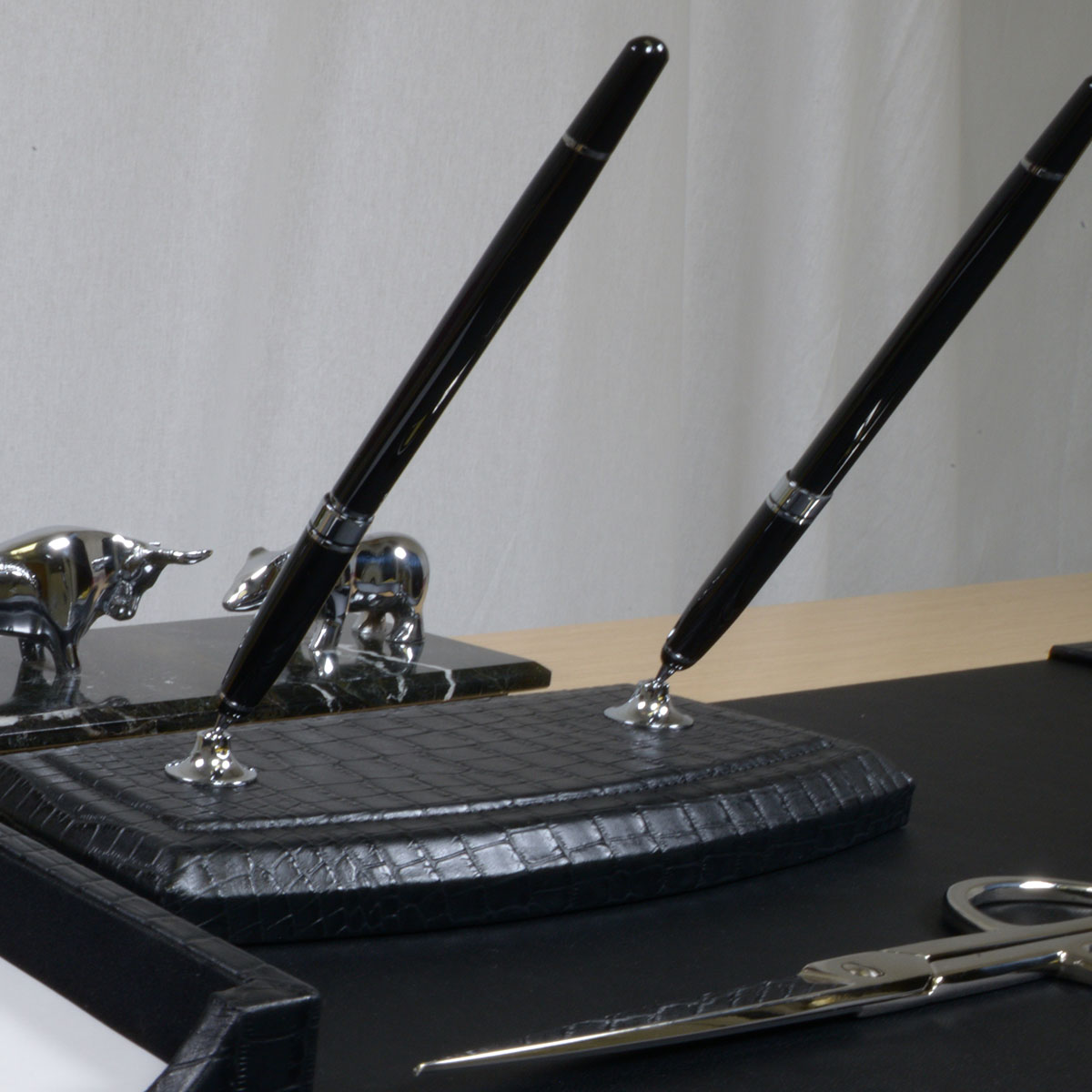 Black Crocodile Embossed Leather Double Pen Stand w/ Silver Accents