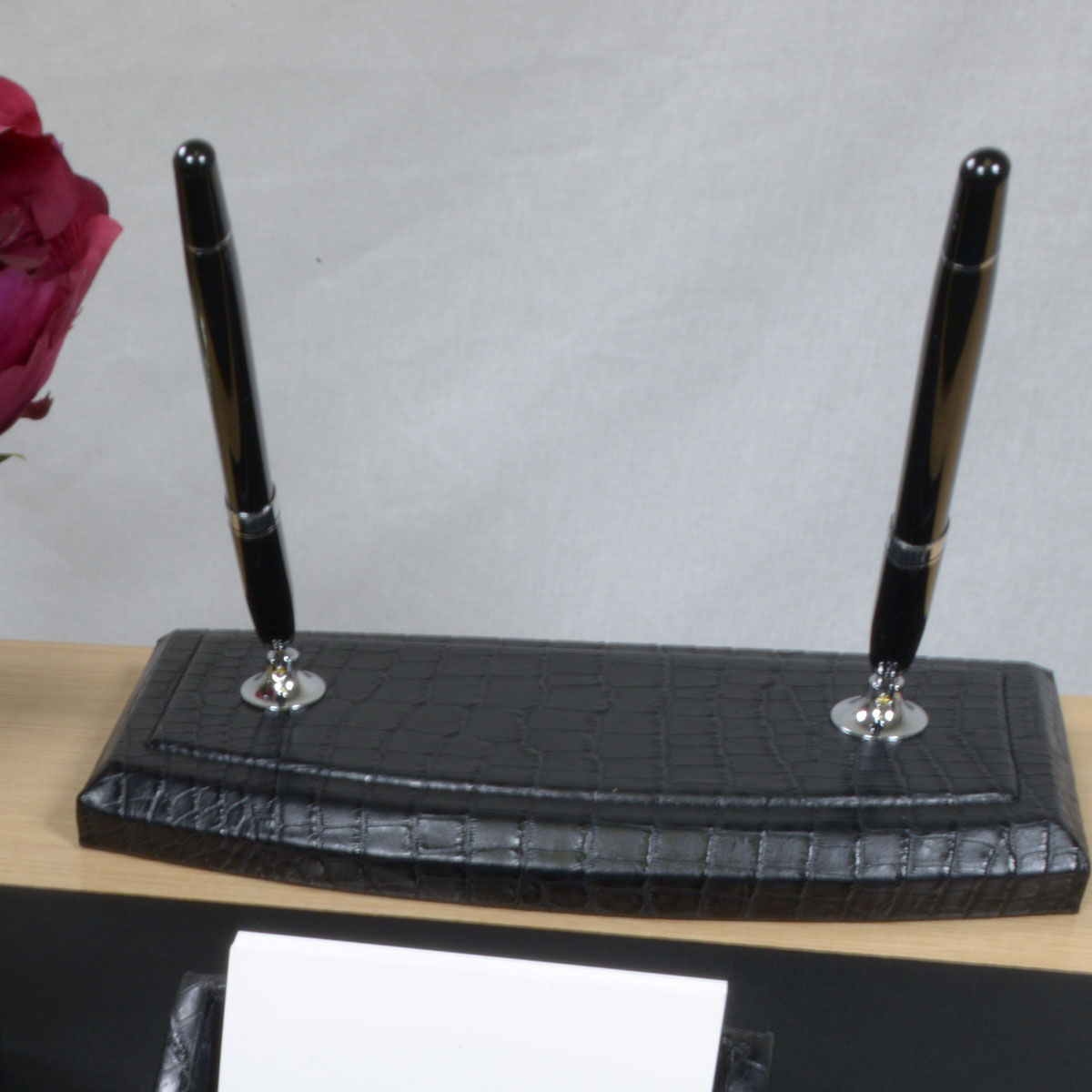 Black Crocodile Embossed Leather Double Pen Stand w/ Silver Accents