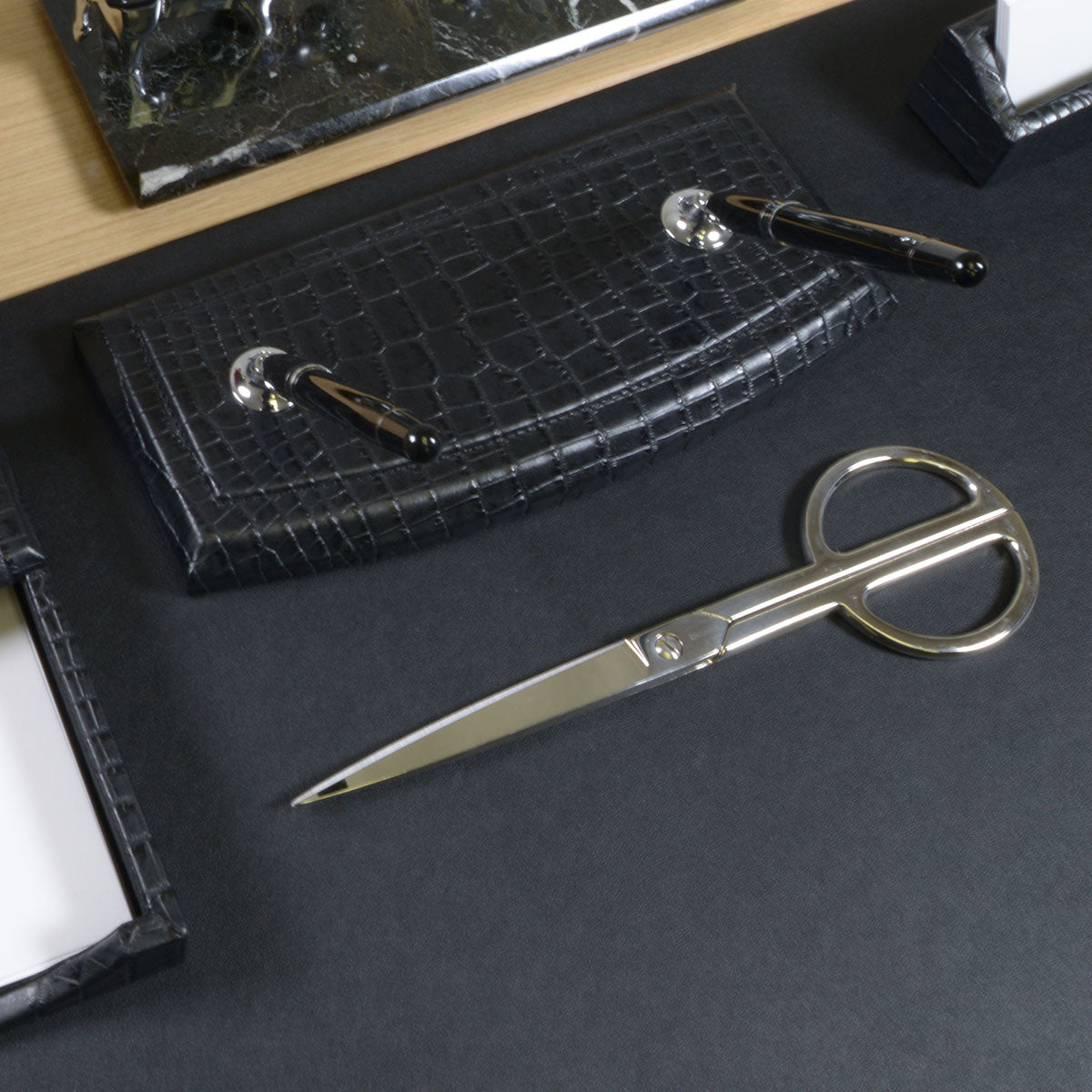 Black Crocodile Embossed Leather Double Pen Stand w/ Silver Accents