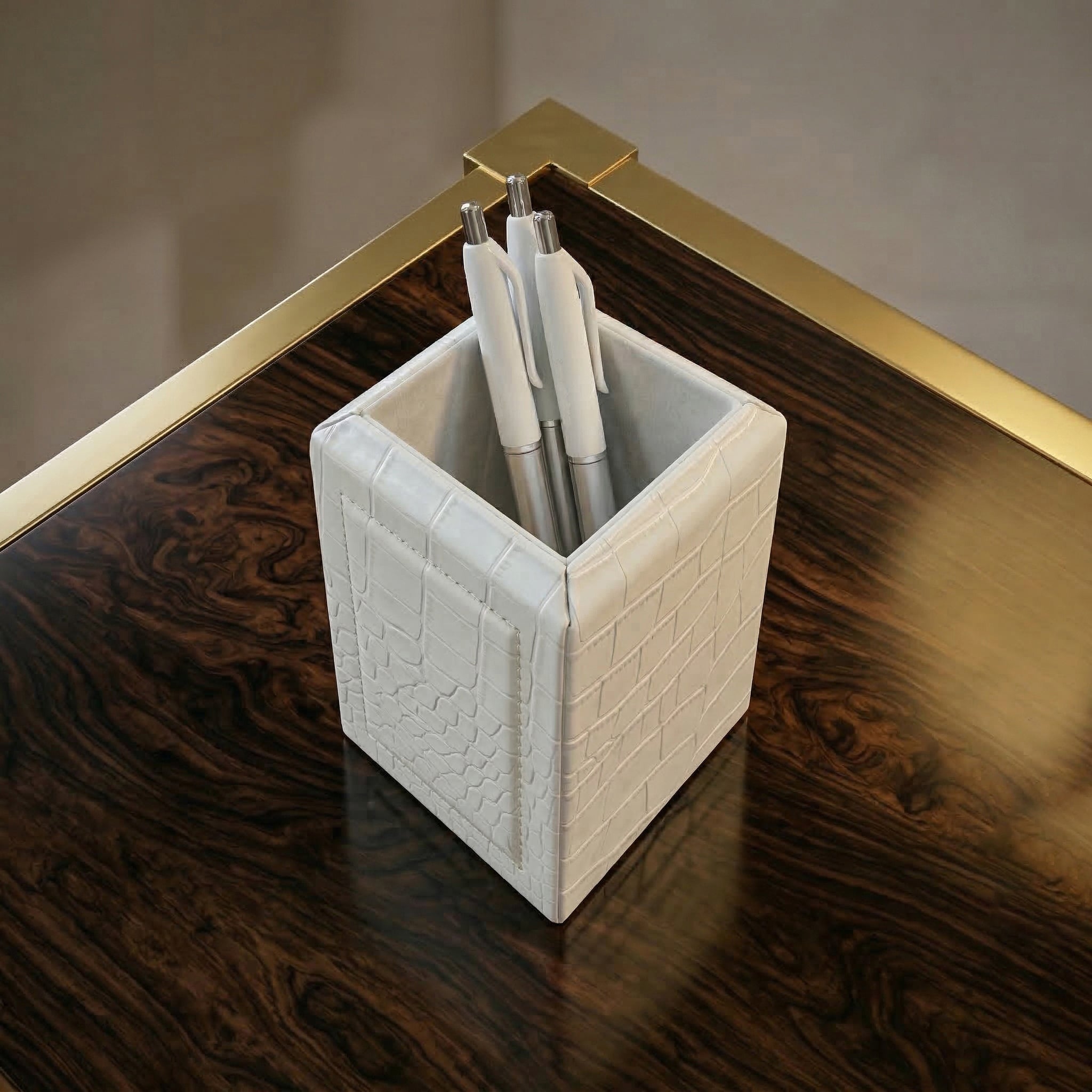 White Crocodile Embossed Leather Pencil Cup