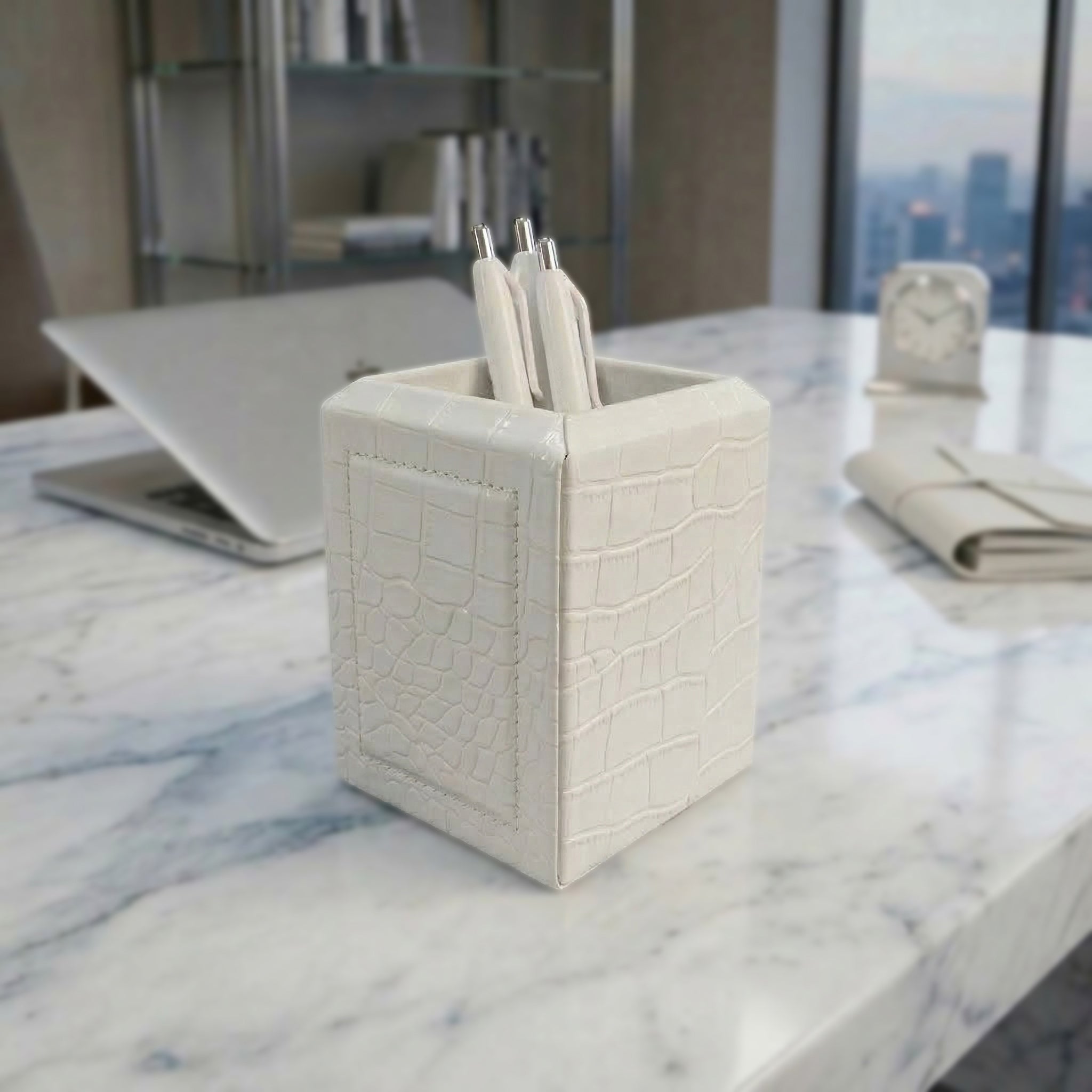 White Crocodile Embossed Leather Pencil Cup