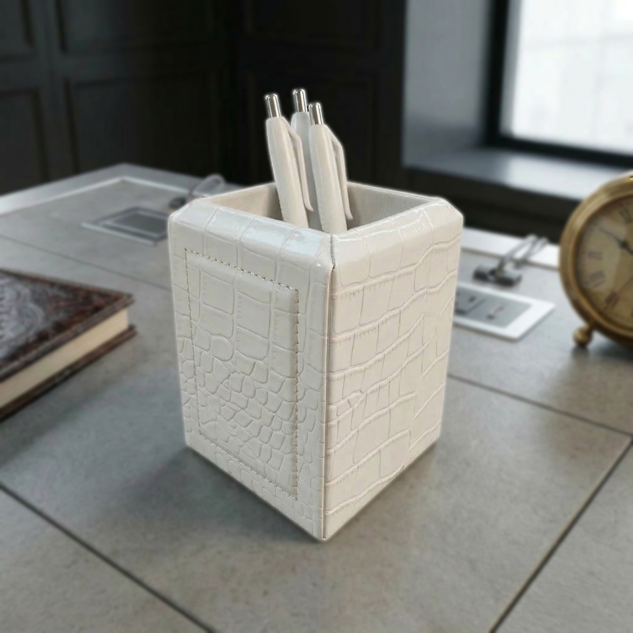 White Crocodile Embossed Leather Pencil Cup