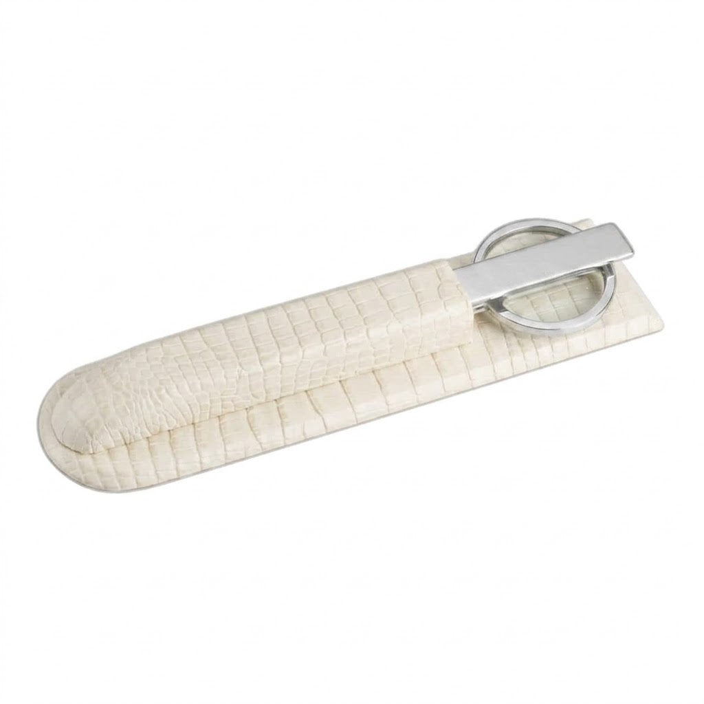 White Crocodile Embossed Leather Library Set, Silver Accent
