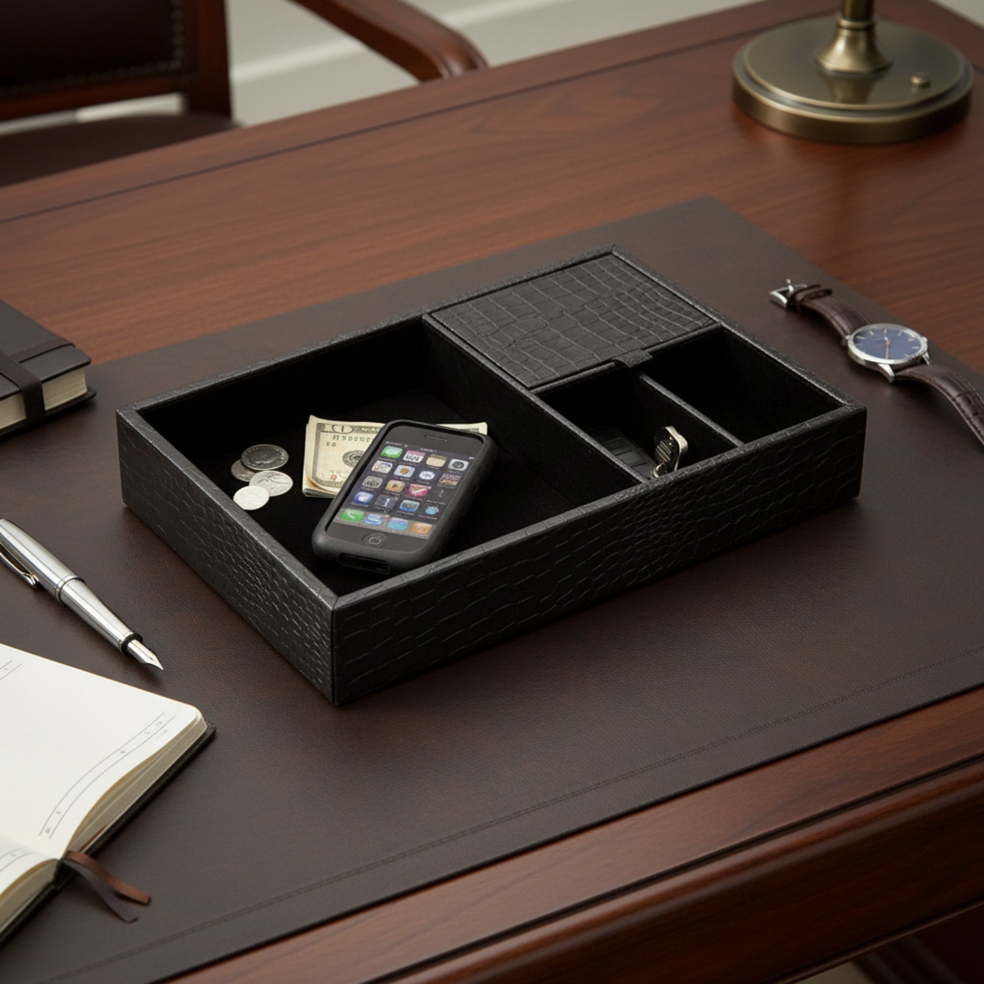 Black Crocodile Embossed Leather Standard Valet Tray
