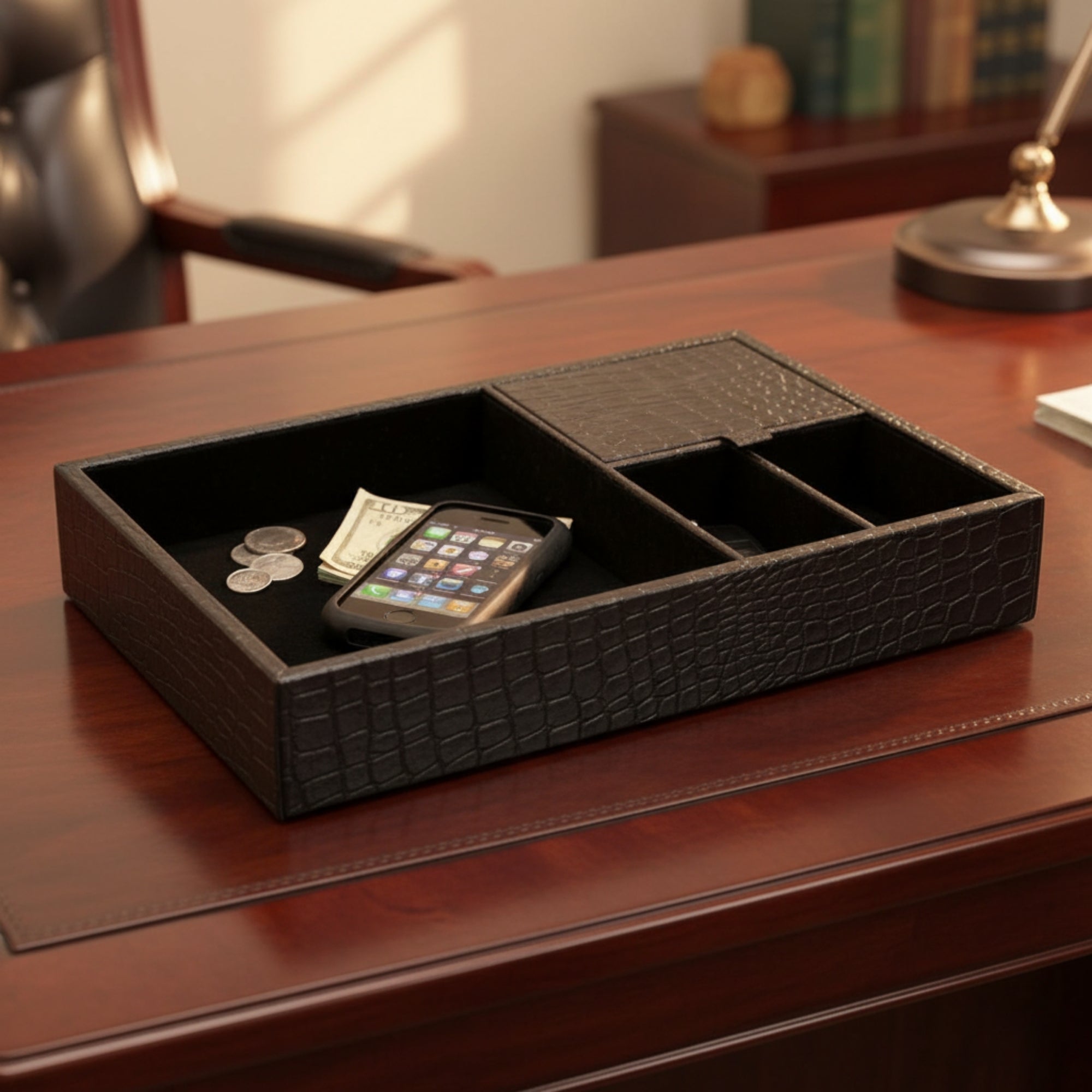 Black Crocodile Embossed Leather Standard Valet Tray