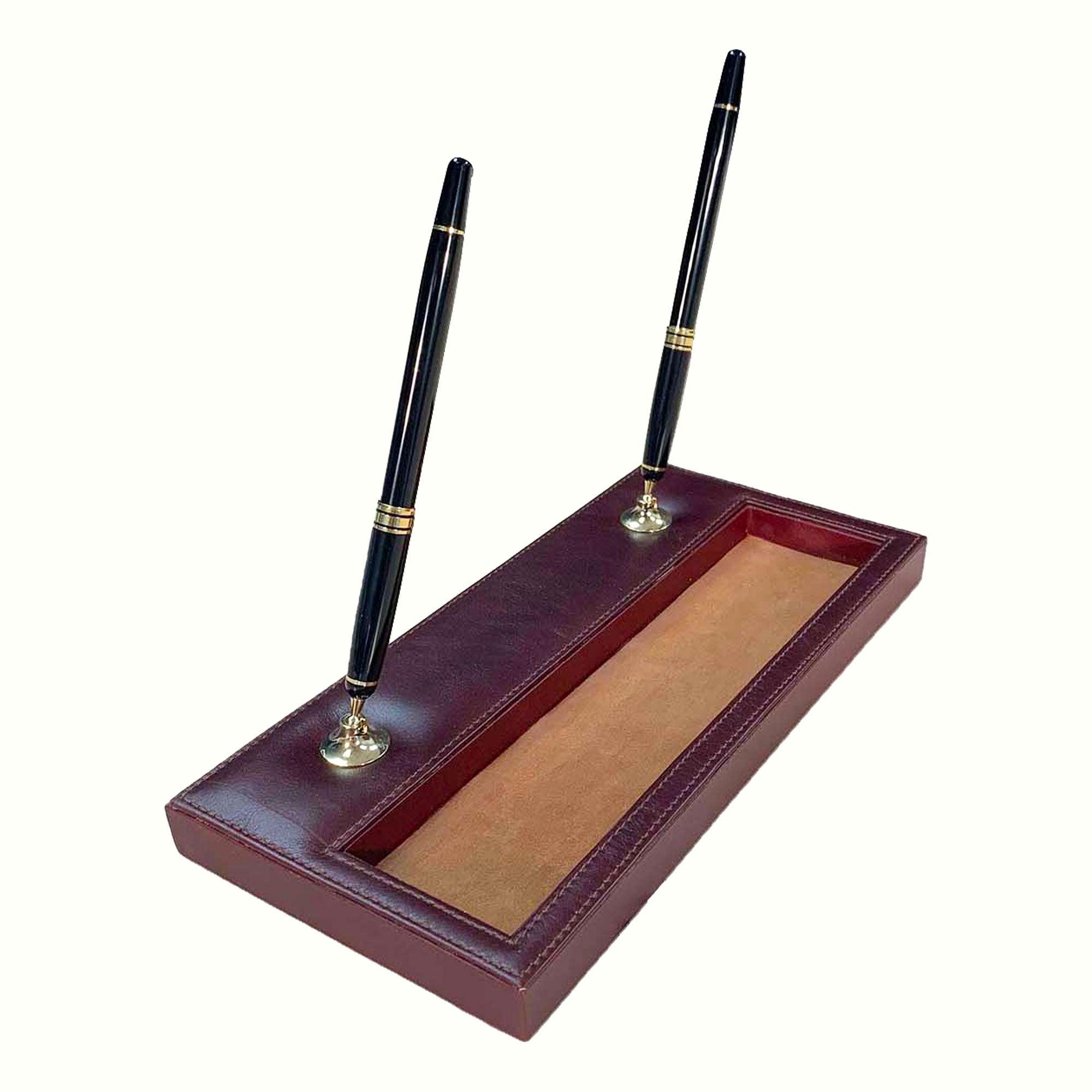 Mocha Leather Pen Stand with Gold Accents