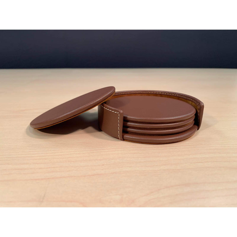 Rustic Brown Leather 4 Round Coaster Set w/ Holder
