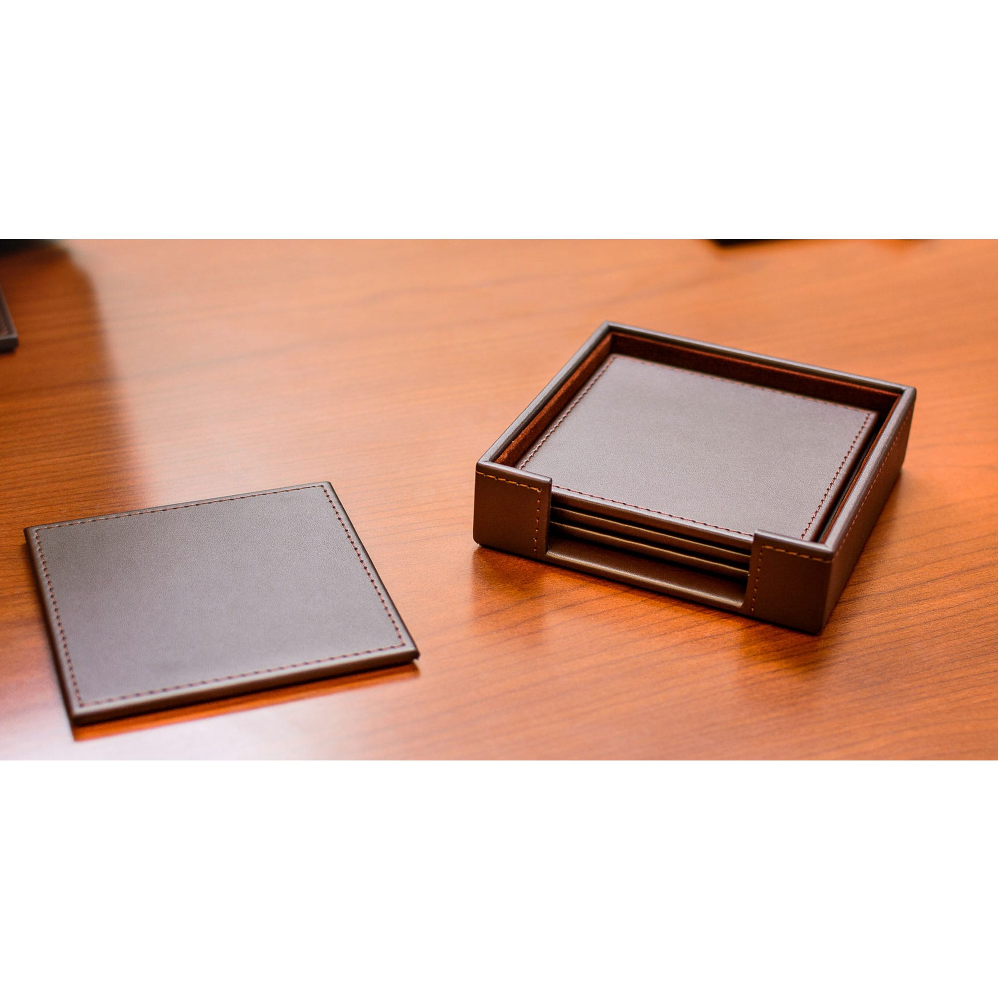 Chocolate Brown Leatherette 4 Square Coaster Set w/ Brown Tone-on-Tone Stitching and Holder