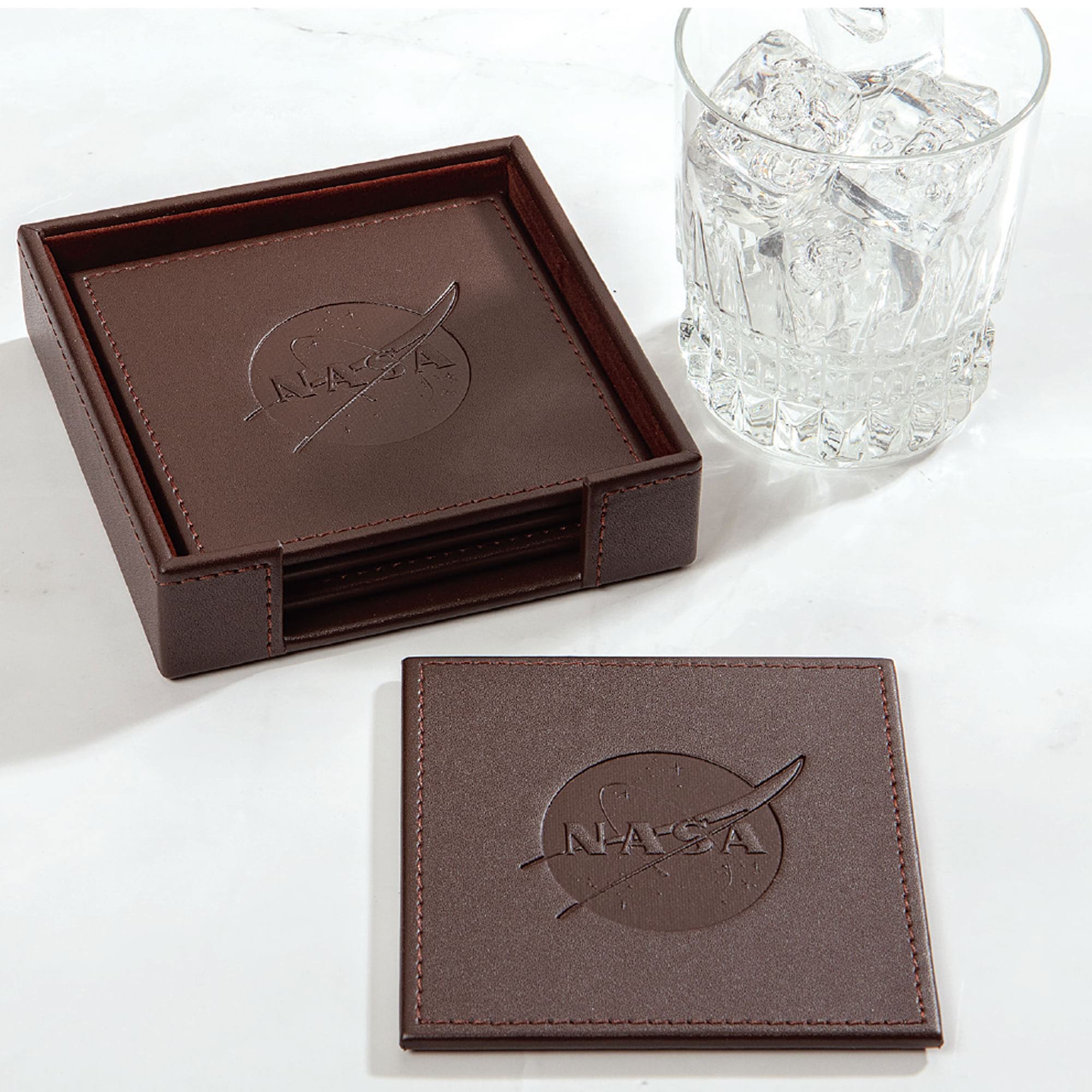 Chocolate Brown Leatherette 4 Square Coaster Set w/ Brown Tone-on-Tone Stitching and Holder