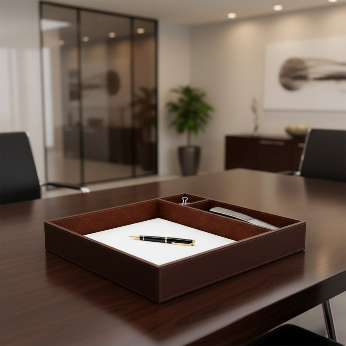 Chocolate Brown Leatherette Conference Room Organizer Tray