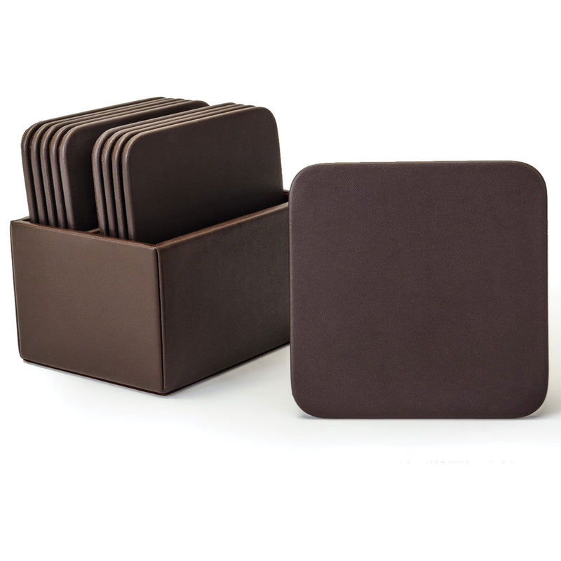 Chocolate Brown Leatherette 10 Square Coaster Set w/ Holder