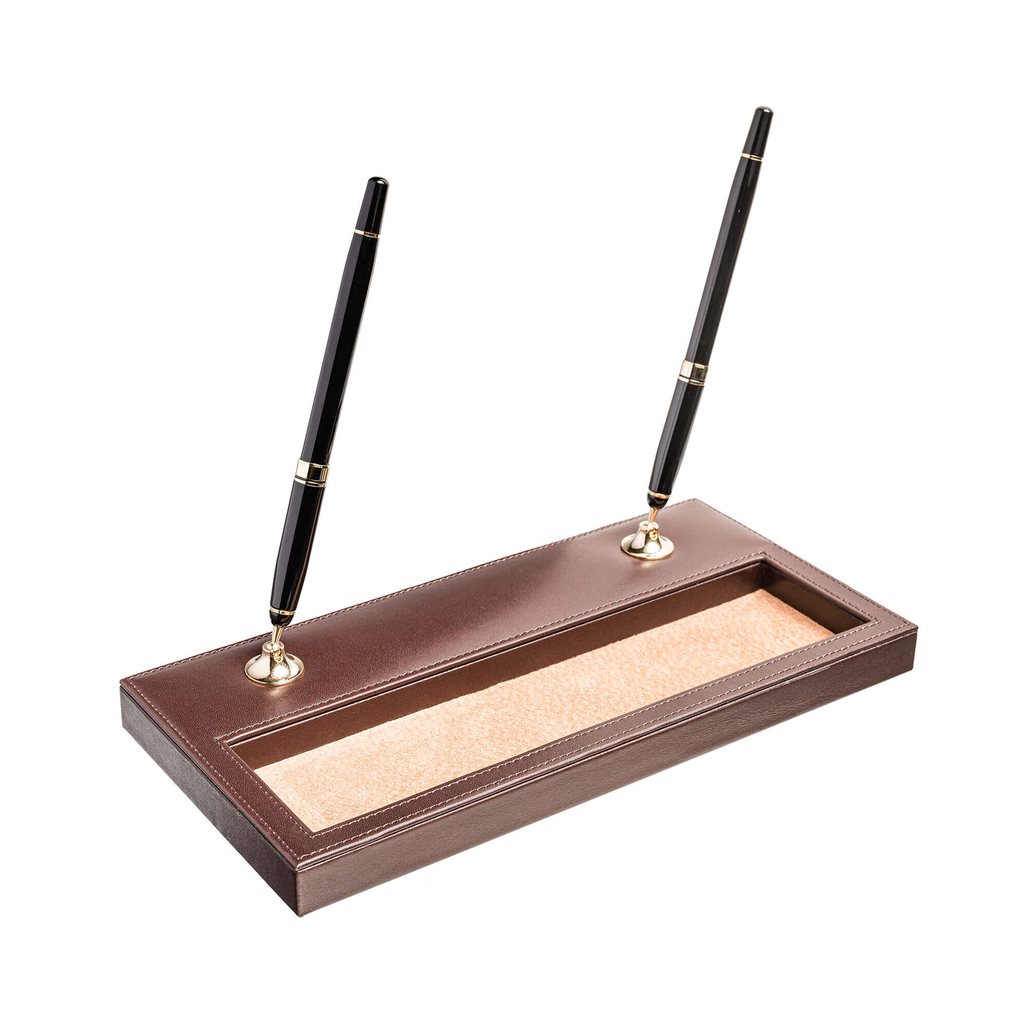 Chocolate Brown Leather Double Pen Stand with Gold Accents