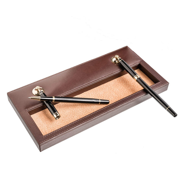 Chocolate Brown Leather Double Pen Stand with Gold Accents