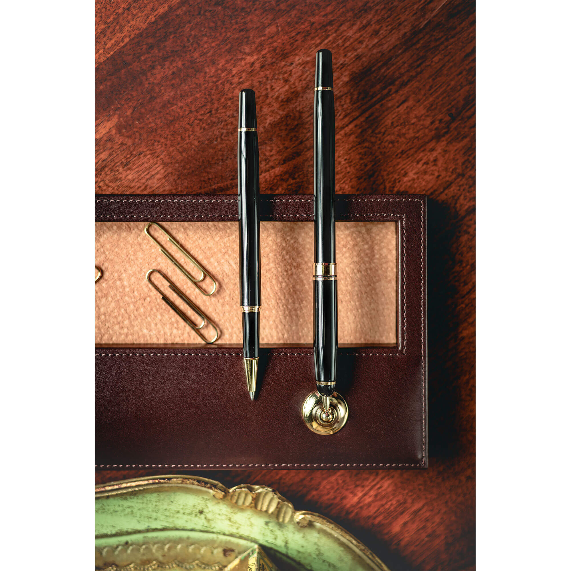 Chocolate Brown Leather Double Pen Stand with Gold Accents