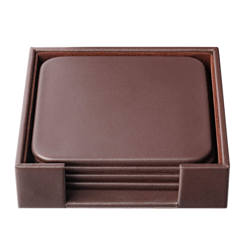 Chocolate Brown Leatherette 4 Square Coaster Set w/ Holder