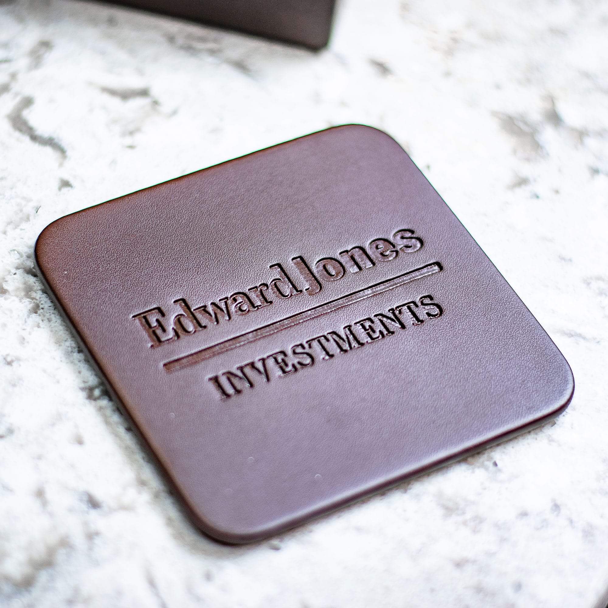 Chocolate Brown Leatherette 4 Square Coaster Set w/ Holder