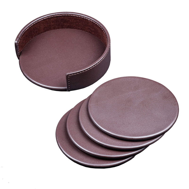 Chocolate Brown Leatherette 4 Round Coaster Set w/ Holder