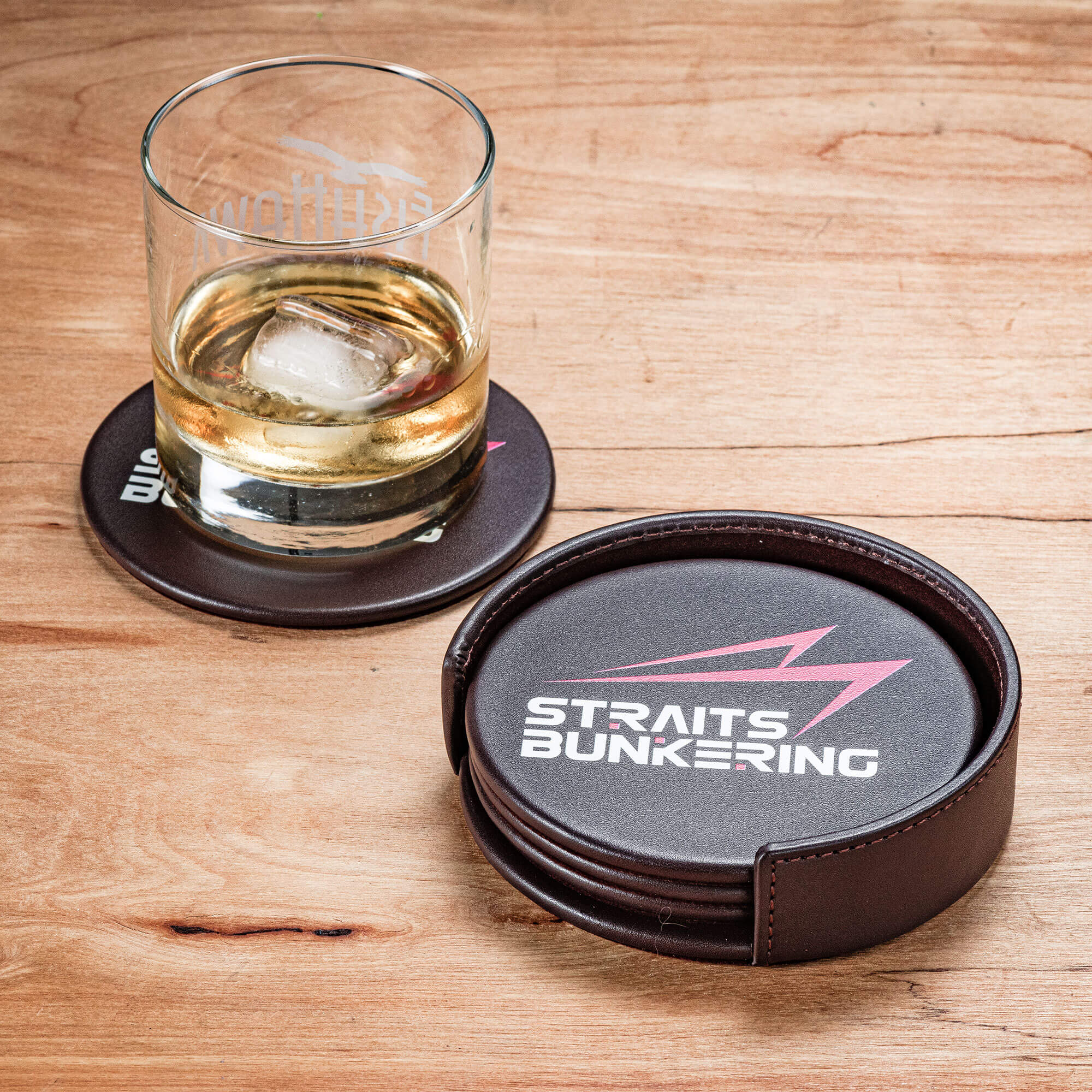 Chocolate Brown Leatherette 4 Round Coaster Set w/ Holder