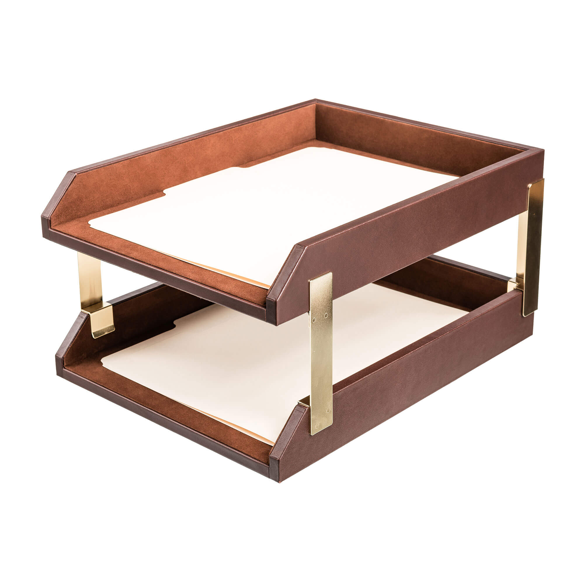 Chocolate Brown Leather Letter Trays, Stacking Set, Gold