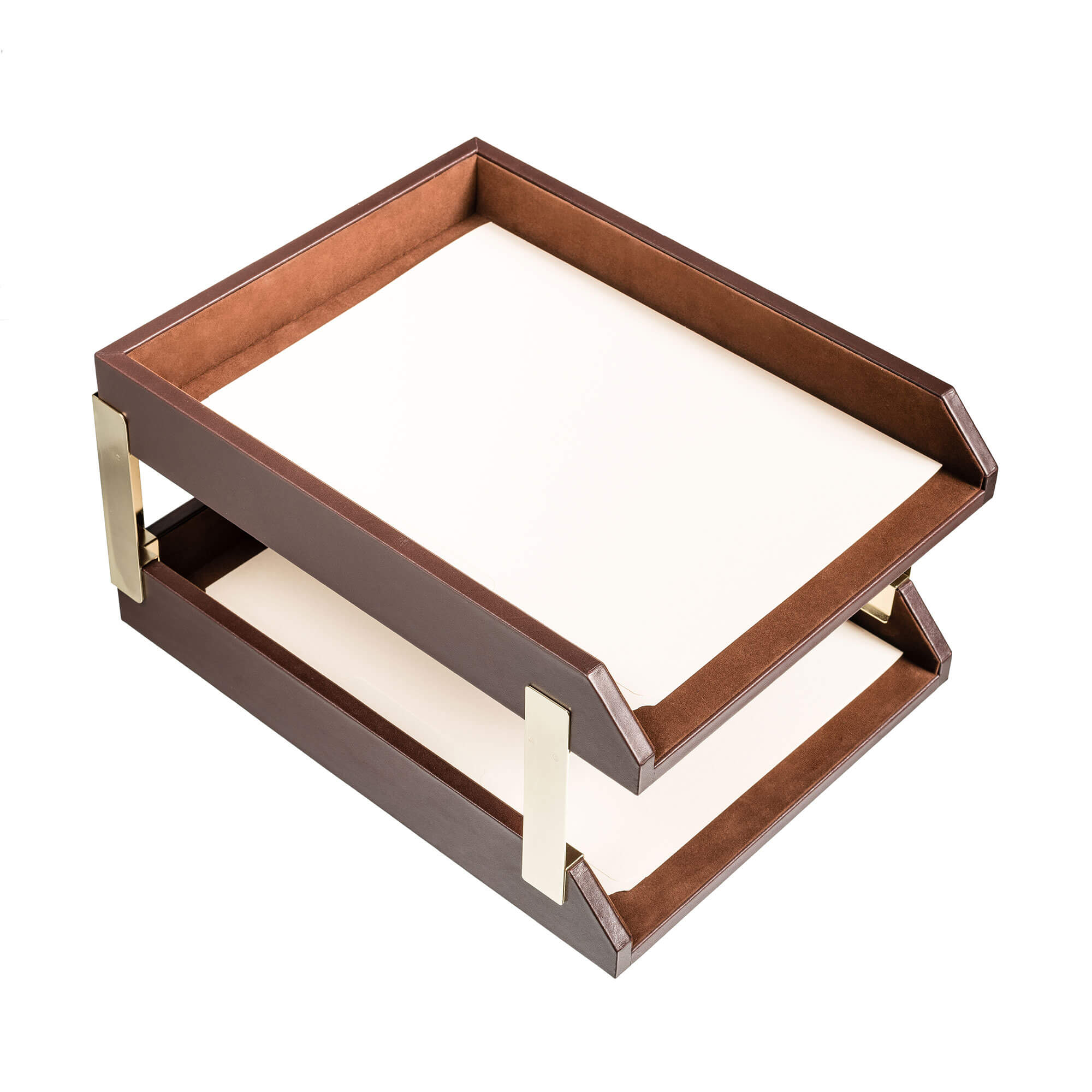 Chocolate Brown Leather Letter Trays, Stacking Set, Gold