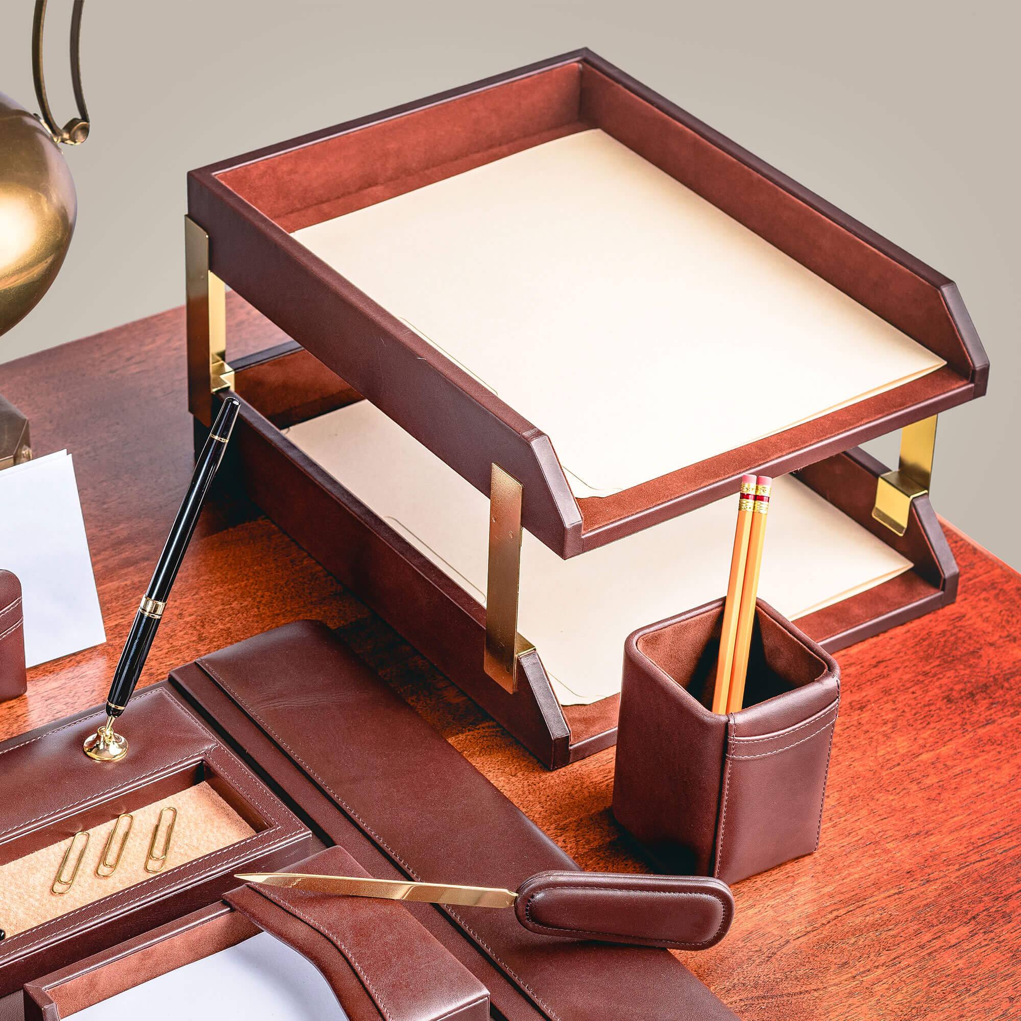 Chocolate Brown Leather Letter Trays, Stacking Set, Gold