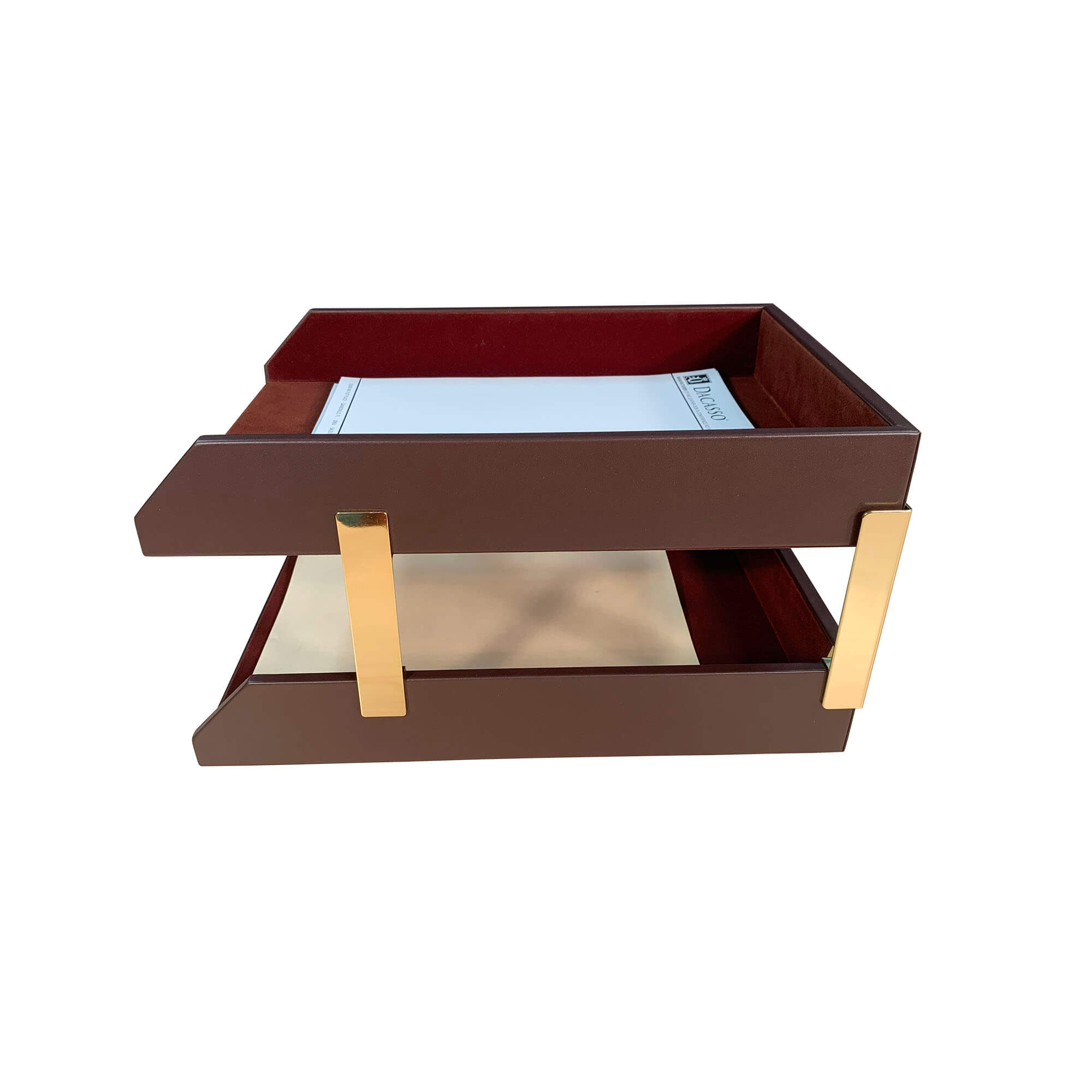 Chocolate Brown Leather Letter Trays, Legal Stacking Set, Gold