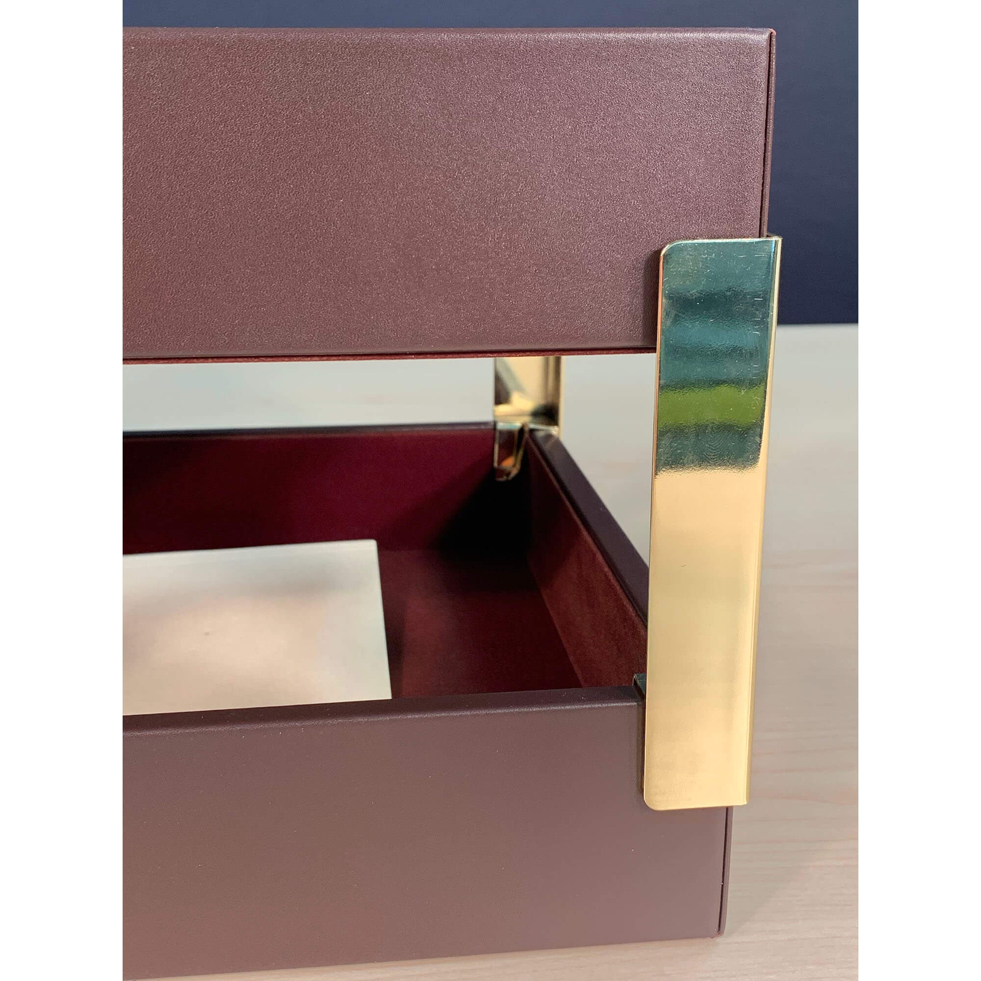 Chocolate Brown Leather Letter Trays, Legal Stacking Set, Gold