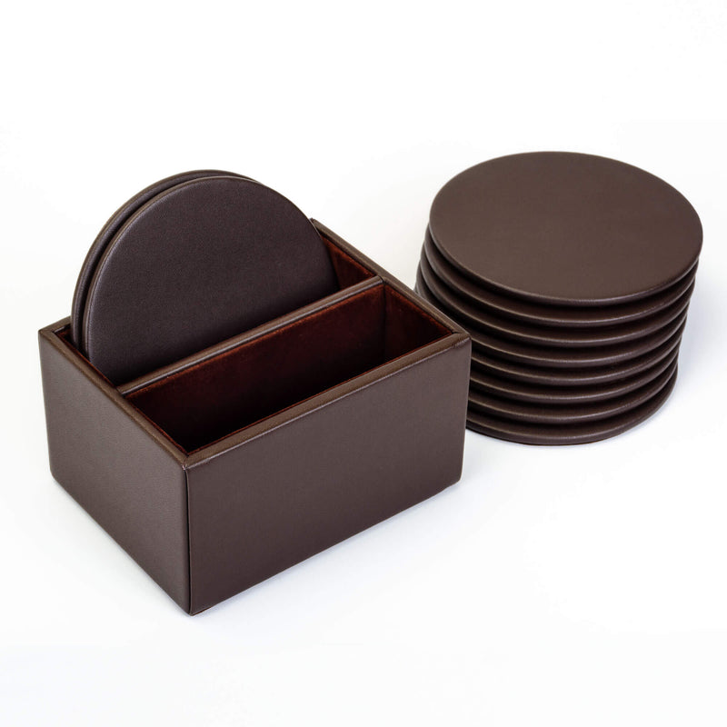 Chocolate Brown Leather 10 Round Coaster Set w/ Holder