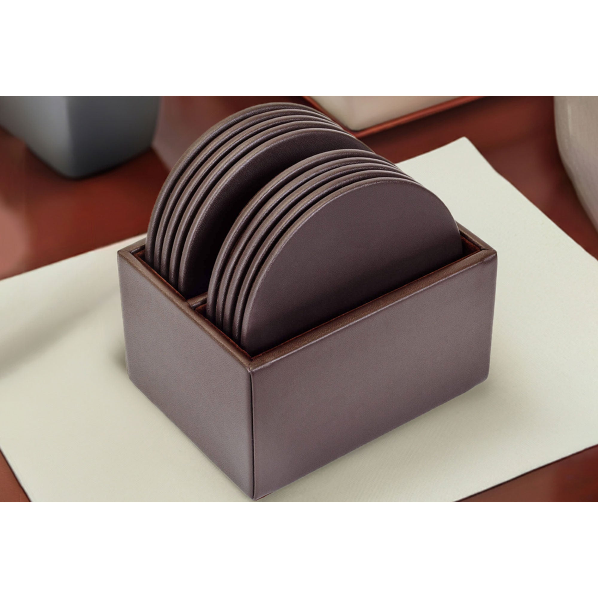 Chocolate Brown Leather 10 Round Coaster Set w/ Holder