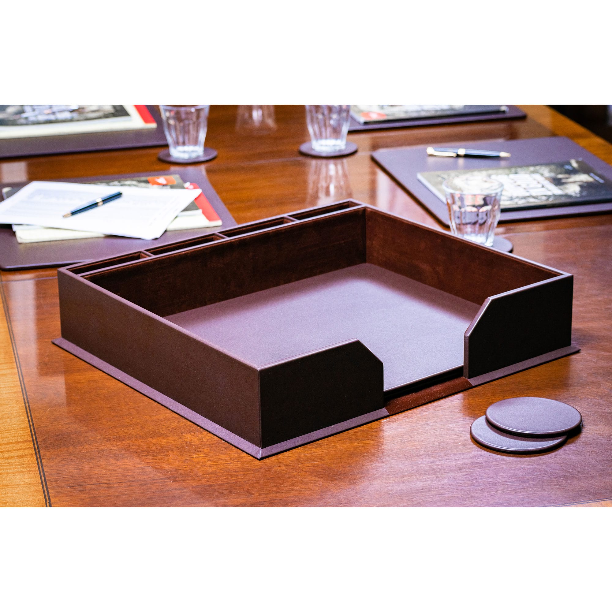 Chocolate Brown Leather 17" x 14" Conference Pad & Coaster Holder