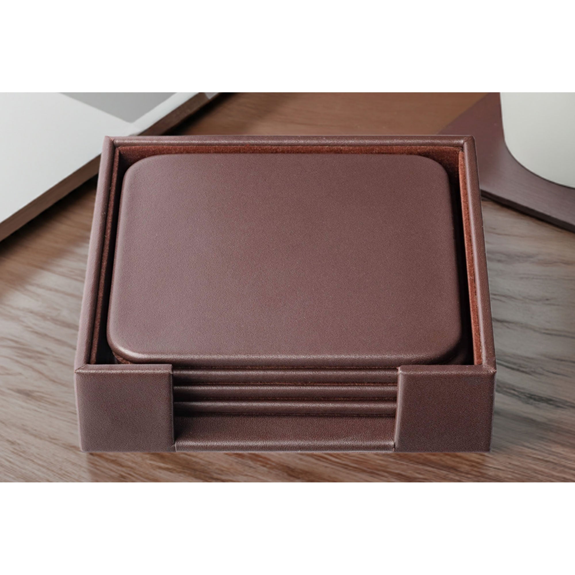Chocolate Brown Leather 4 Square Coaster Set w/ Holder