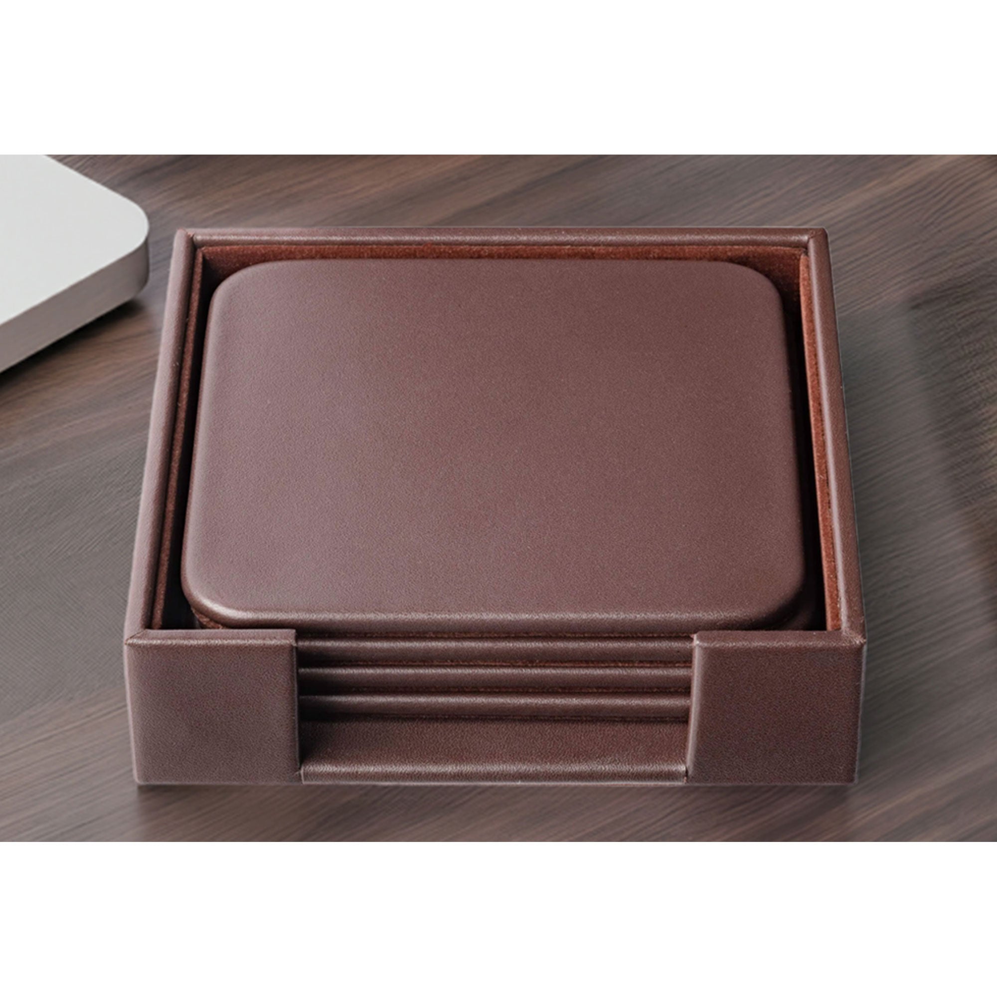 Chocolate Brown Leather 4 Square Coaster Set w/ Holder