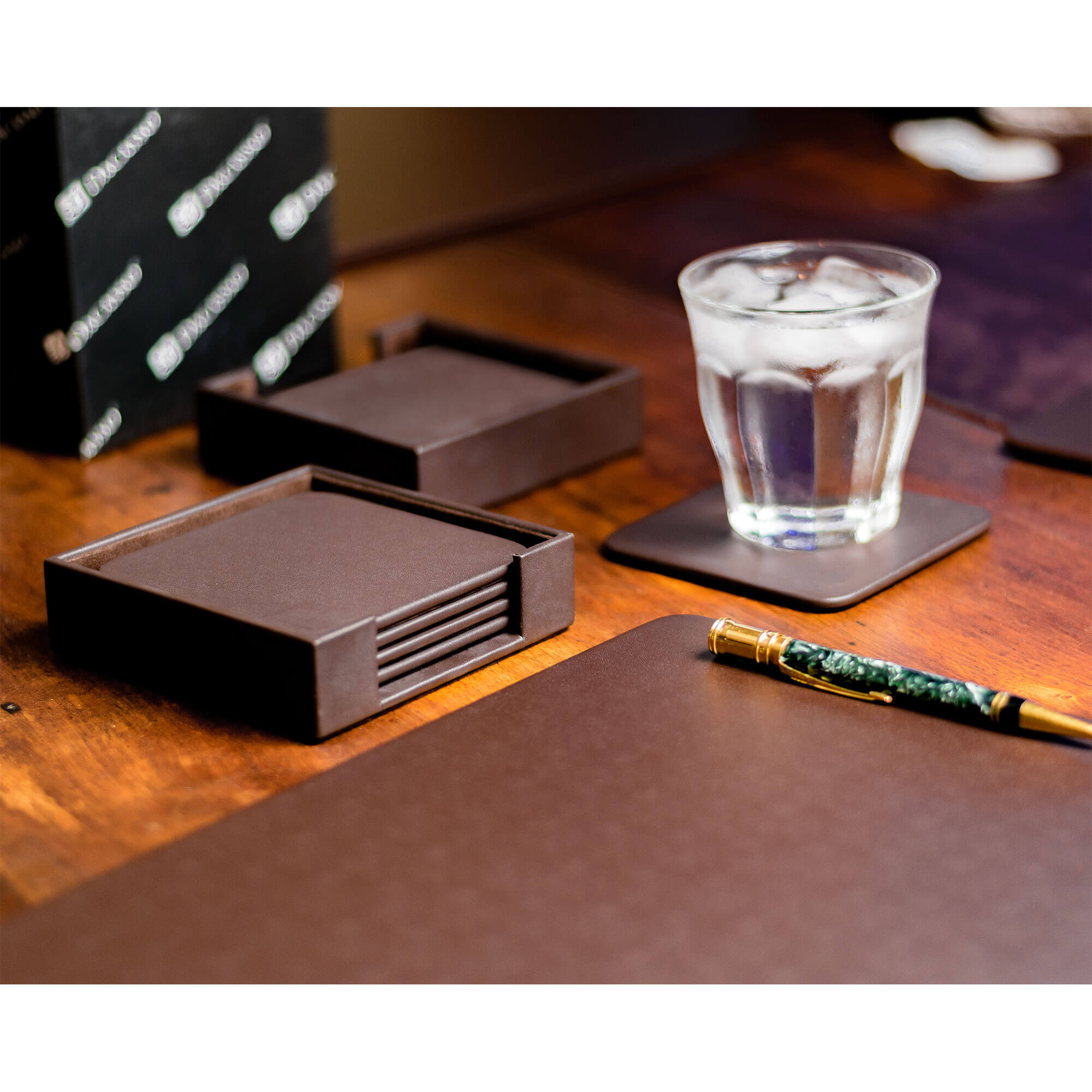 Chocolate Brown Leather 4 Square Coaster Set w/ Holder