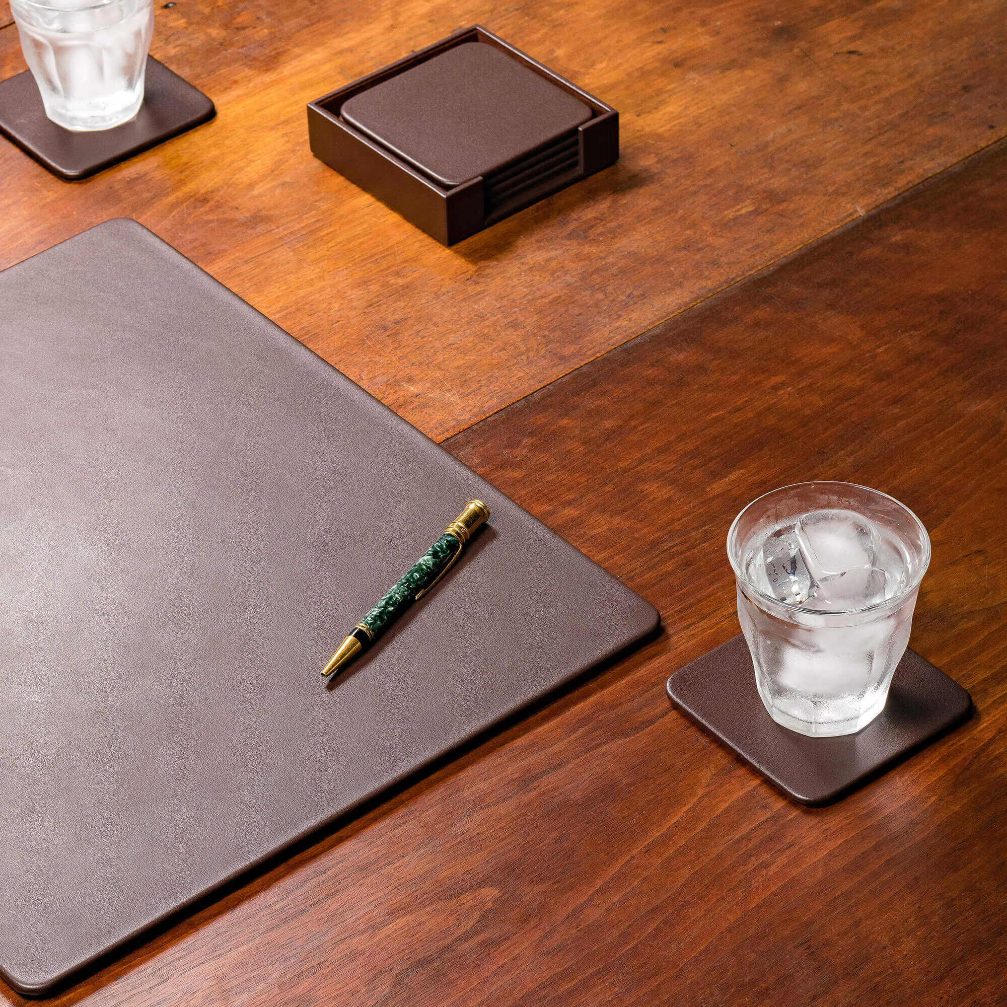 Chocolate Brown Leather 4 Square Coaster Set w/ Holder