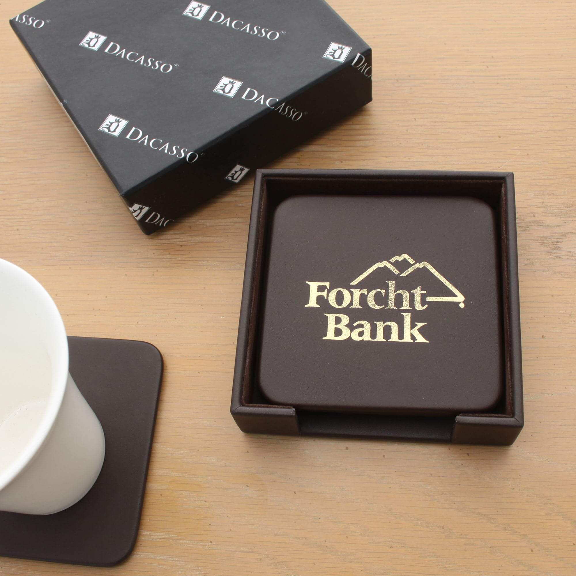 Chocolate Brown Leather 4 Square Coaster Set w/ Holder