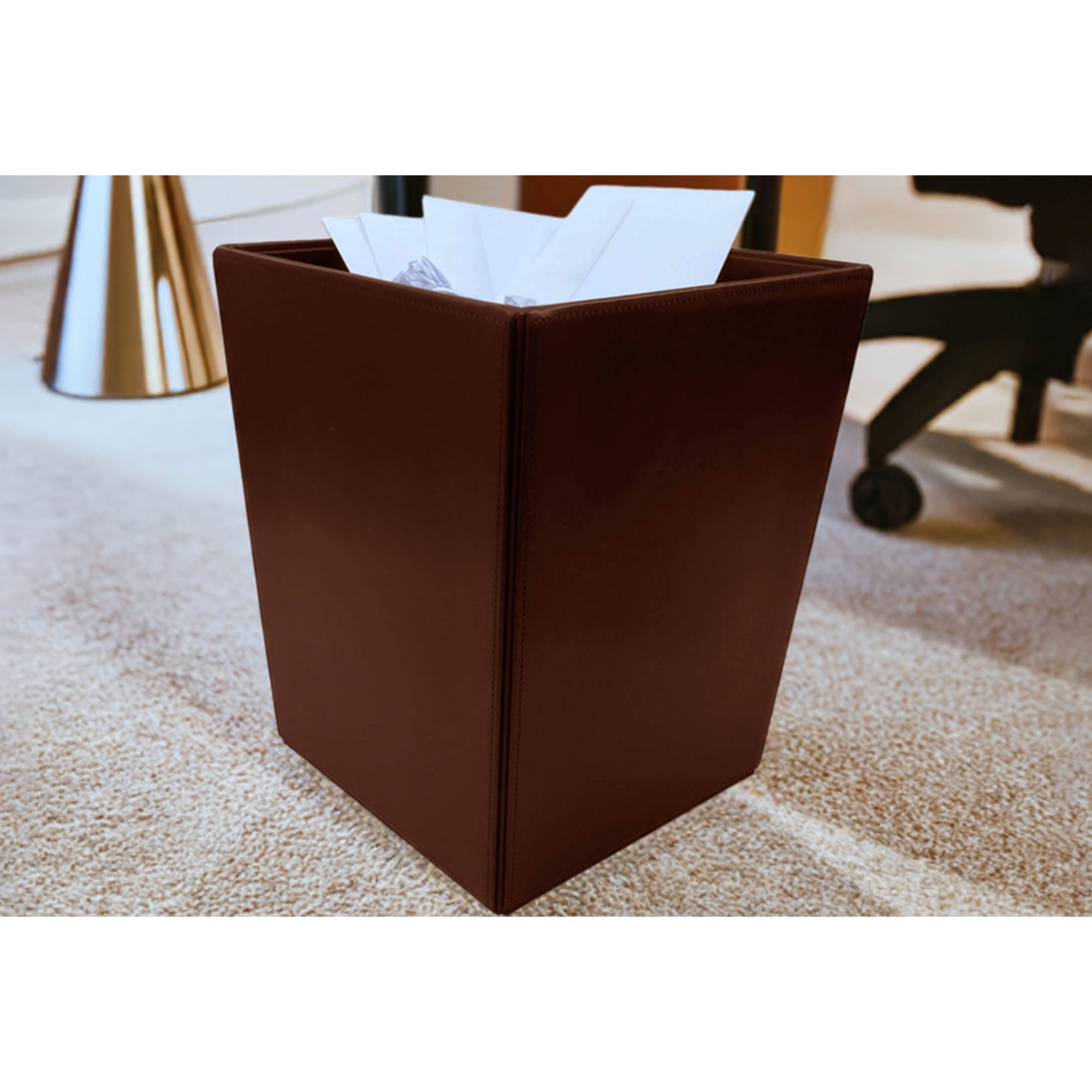 Dark Brown Bonded Leather Waste Basket, 14 Qt