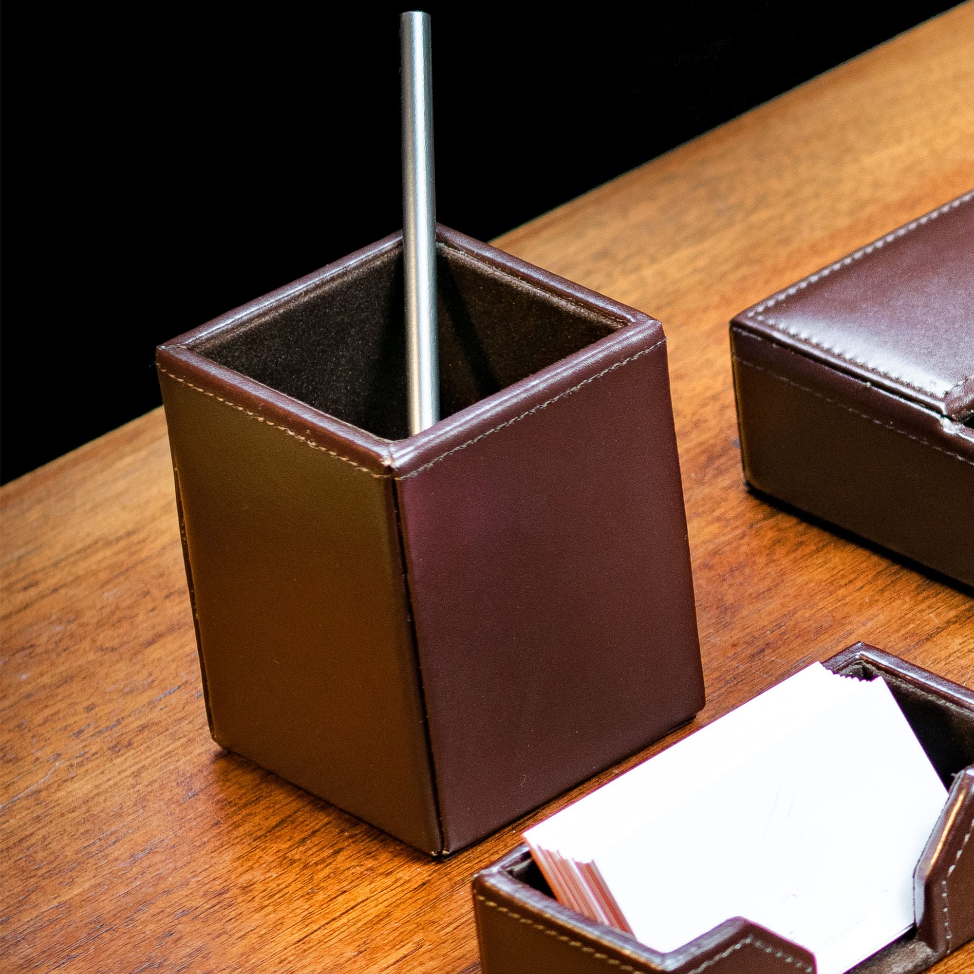 Dark Brown Bonded Leather Pencil Cup