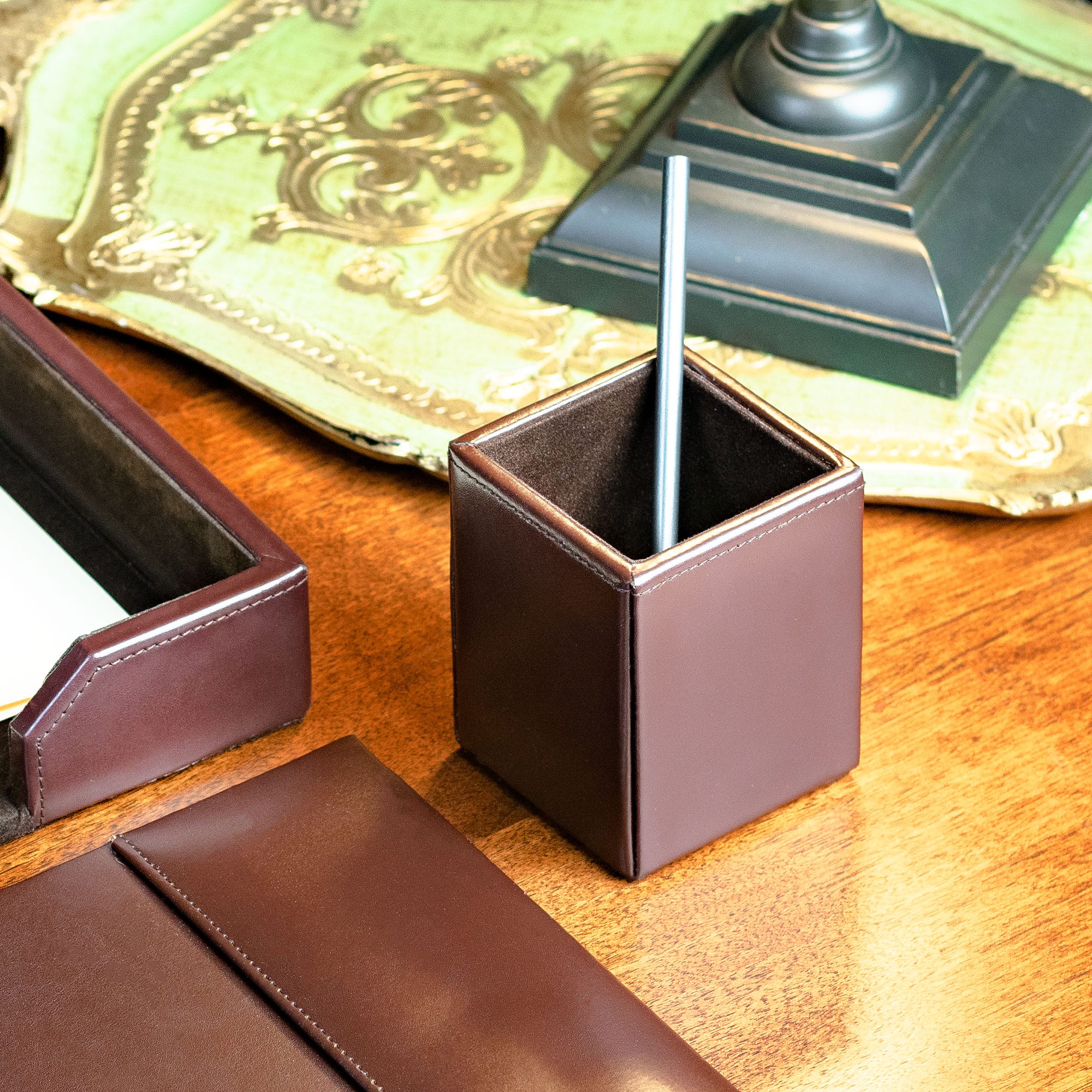 Dark Brown Bonded Leather Pencil Cup