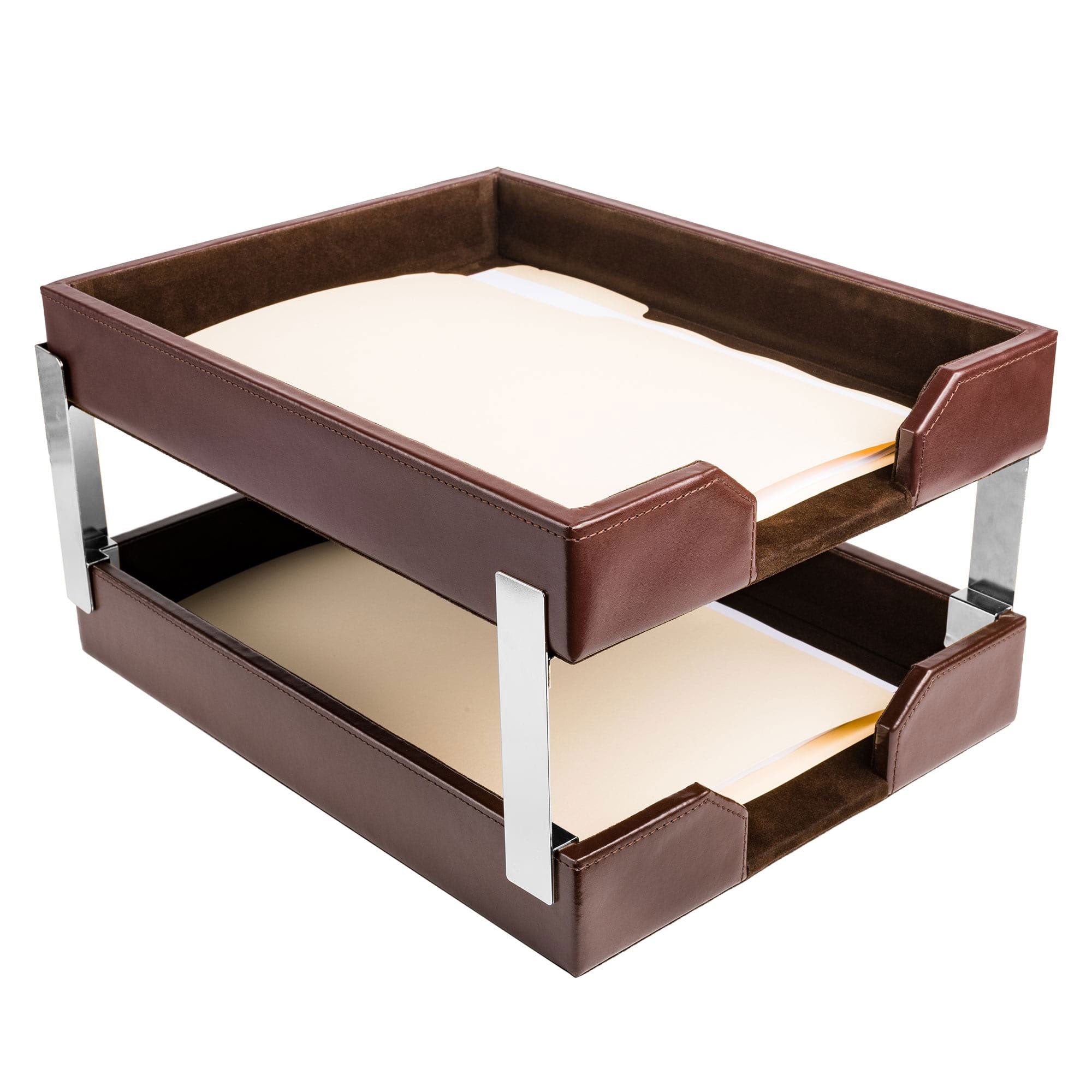 Dark Brown Bonded Leather Letter Trays, Stacking Set, Silver