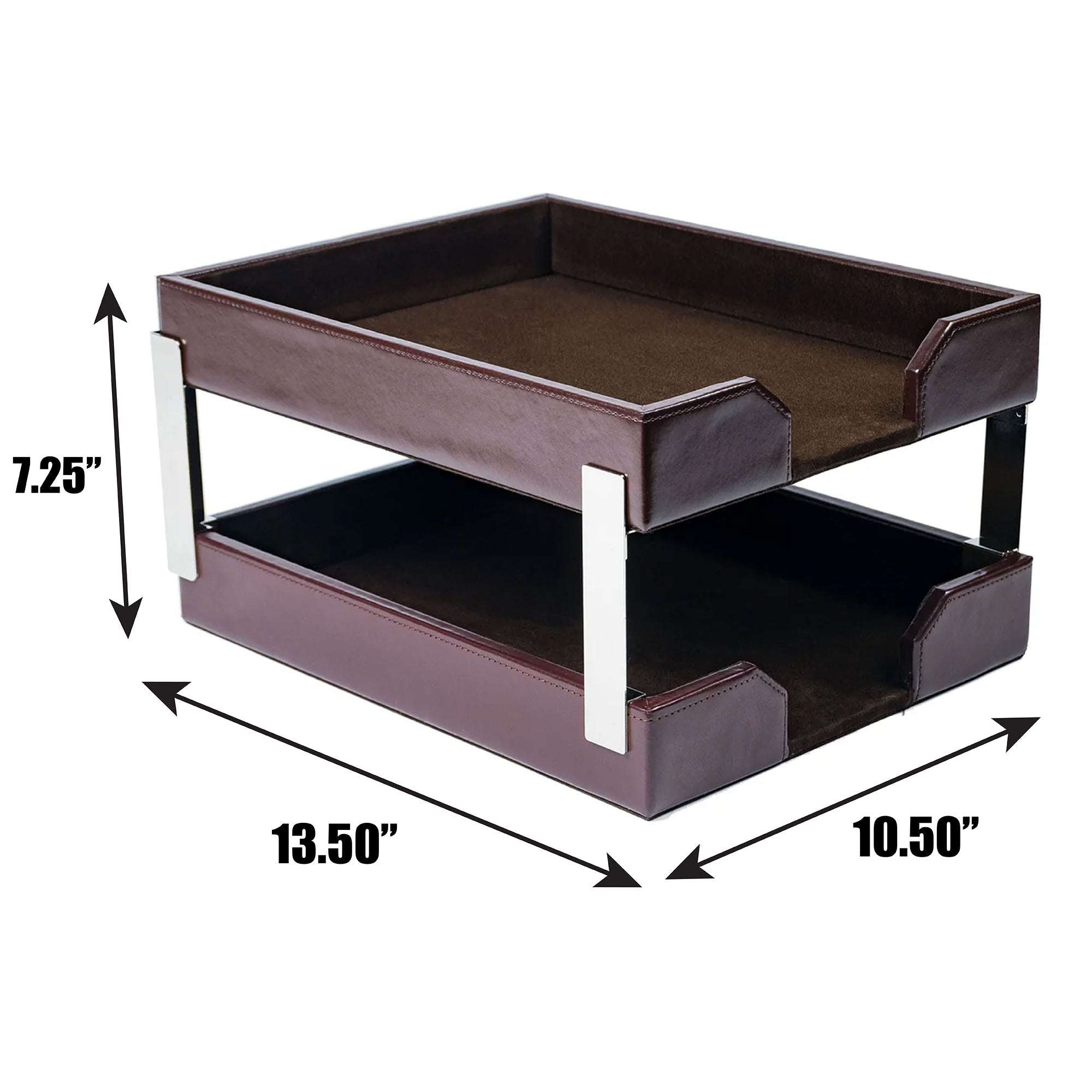 Dark Brown Bonded Leather Letter Trays, Stacking Set, Silver