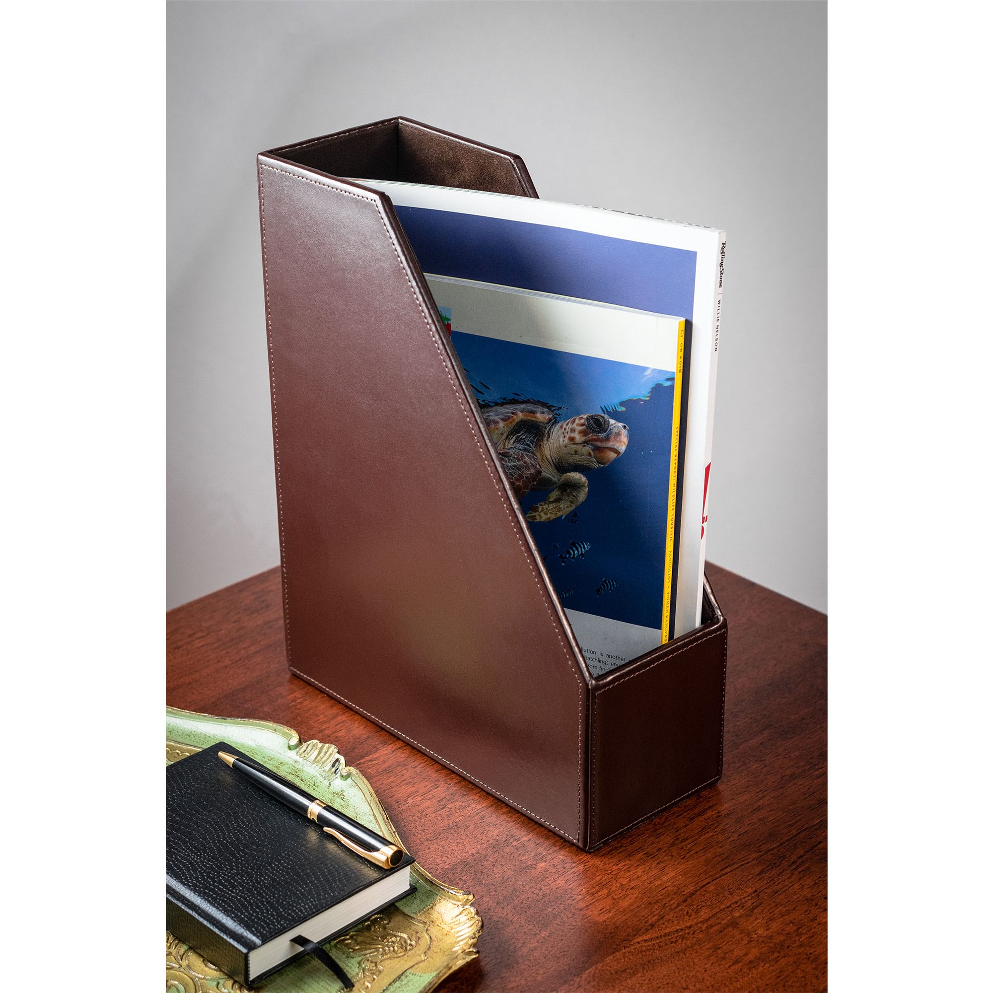 Dark Brown Bonded Leather Magazine Rack