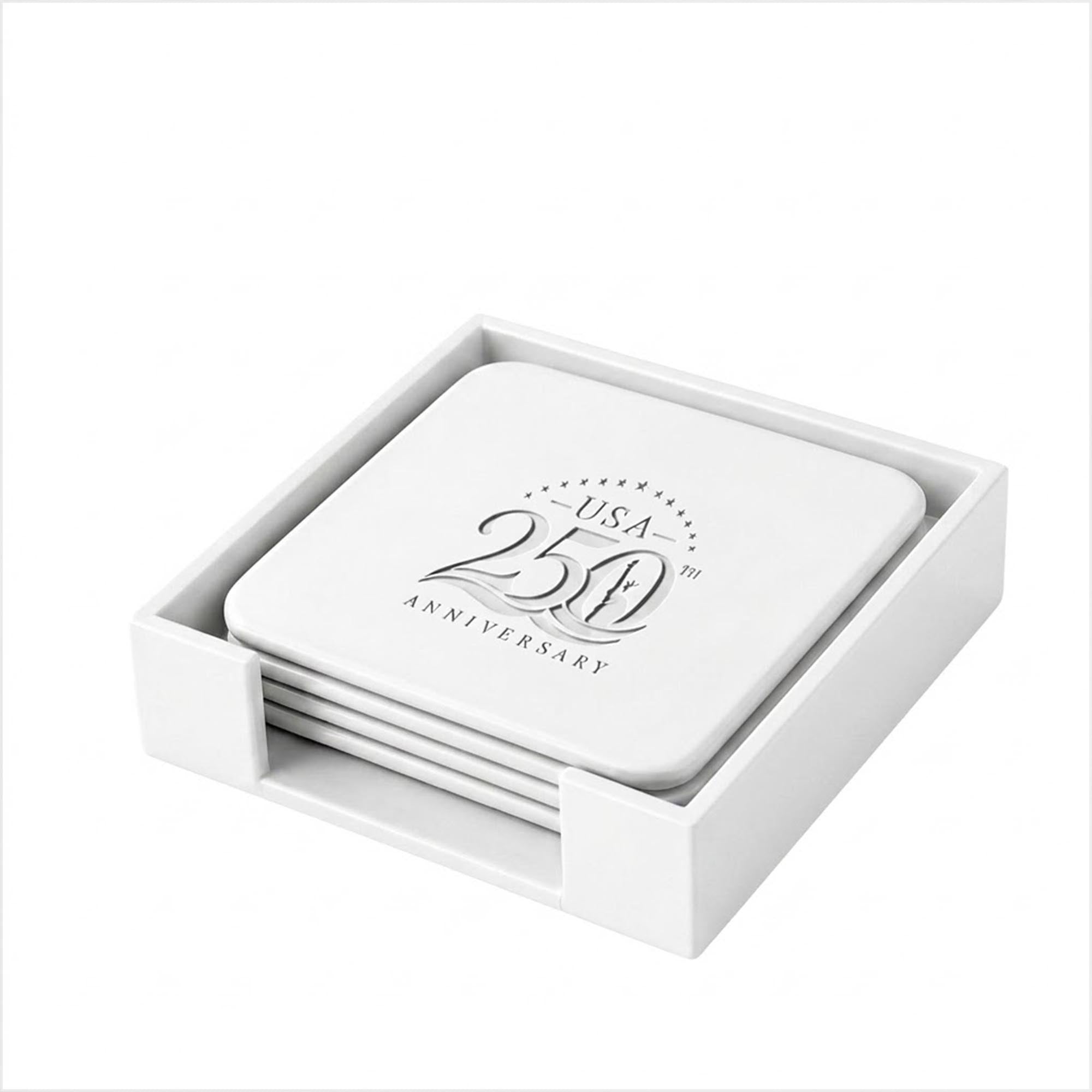 White Leather 4 Square Coaster Set with Holder