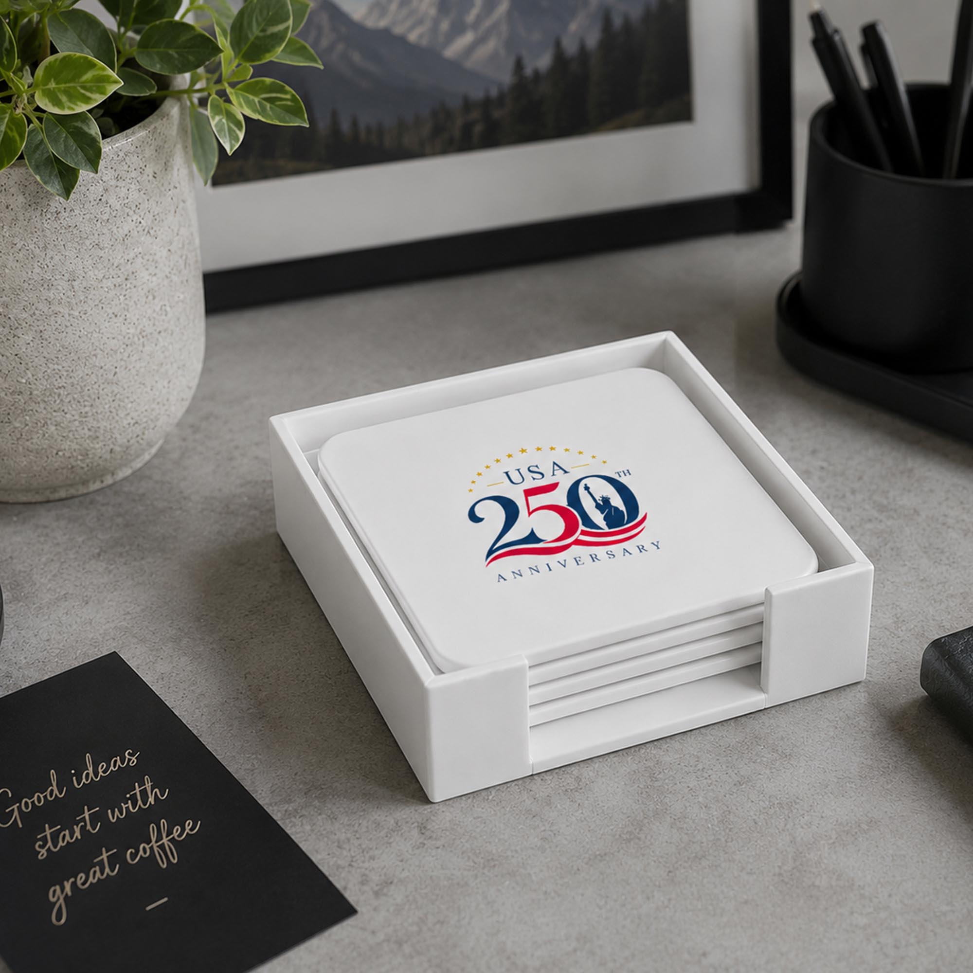 White Leather 4 Square Coaster Set with Holder
