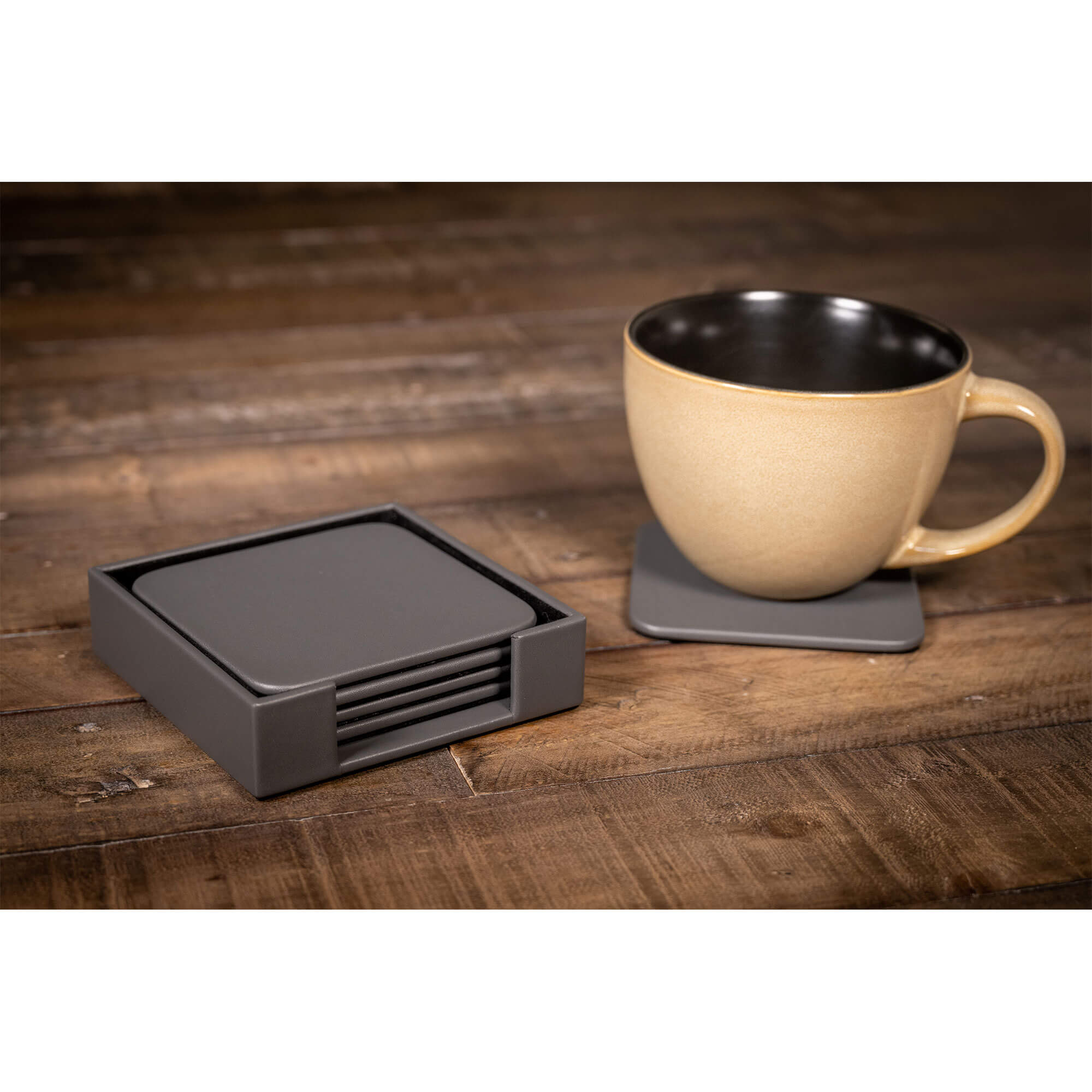 Gray Leatherette 4 Square Coaster Set w/ Holder