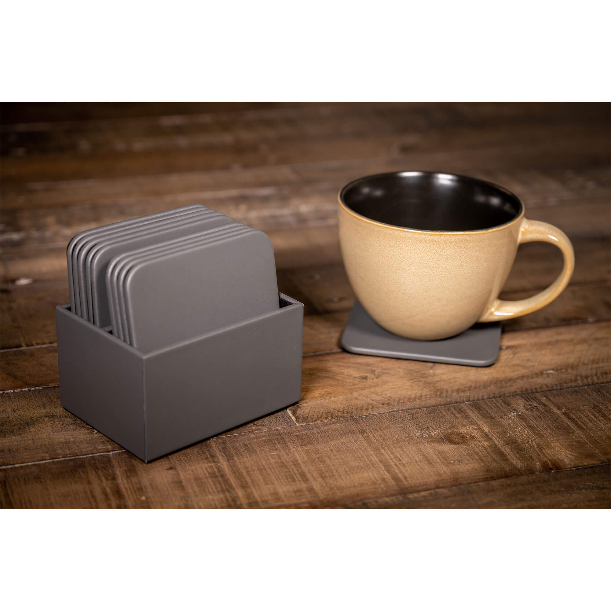 Gray Leatherette 10 Square Coaster Set w/ Holder