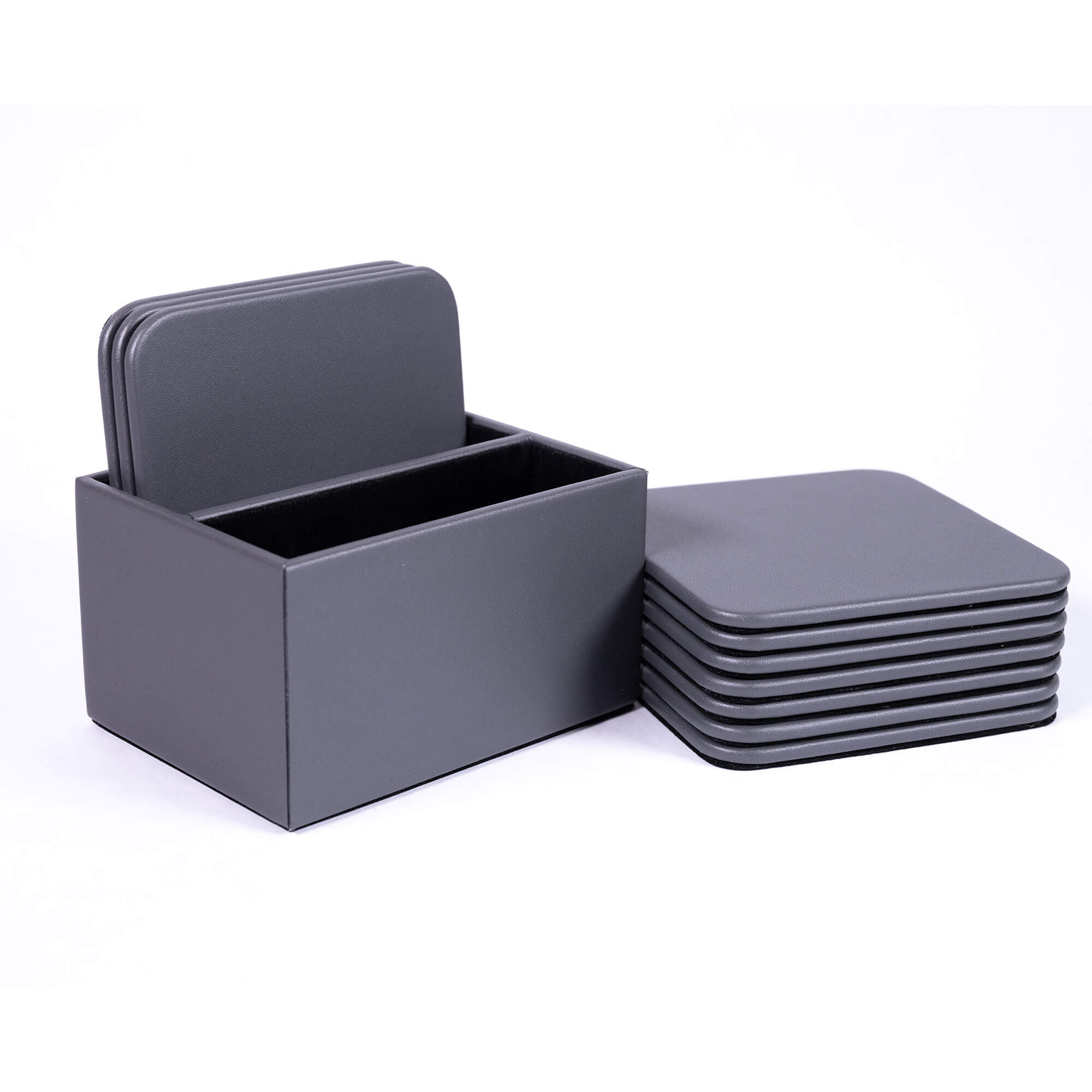 Gray Leatherette 10 Square Coaster Set w/ Holder