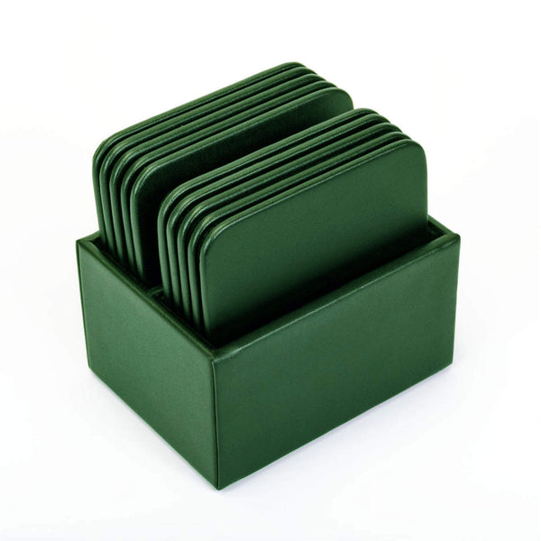 Dark Green Leather 10 Square Coaster Set w/ Holder