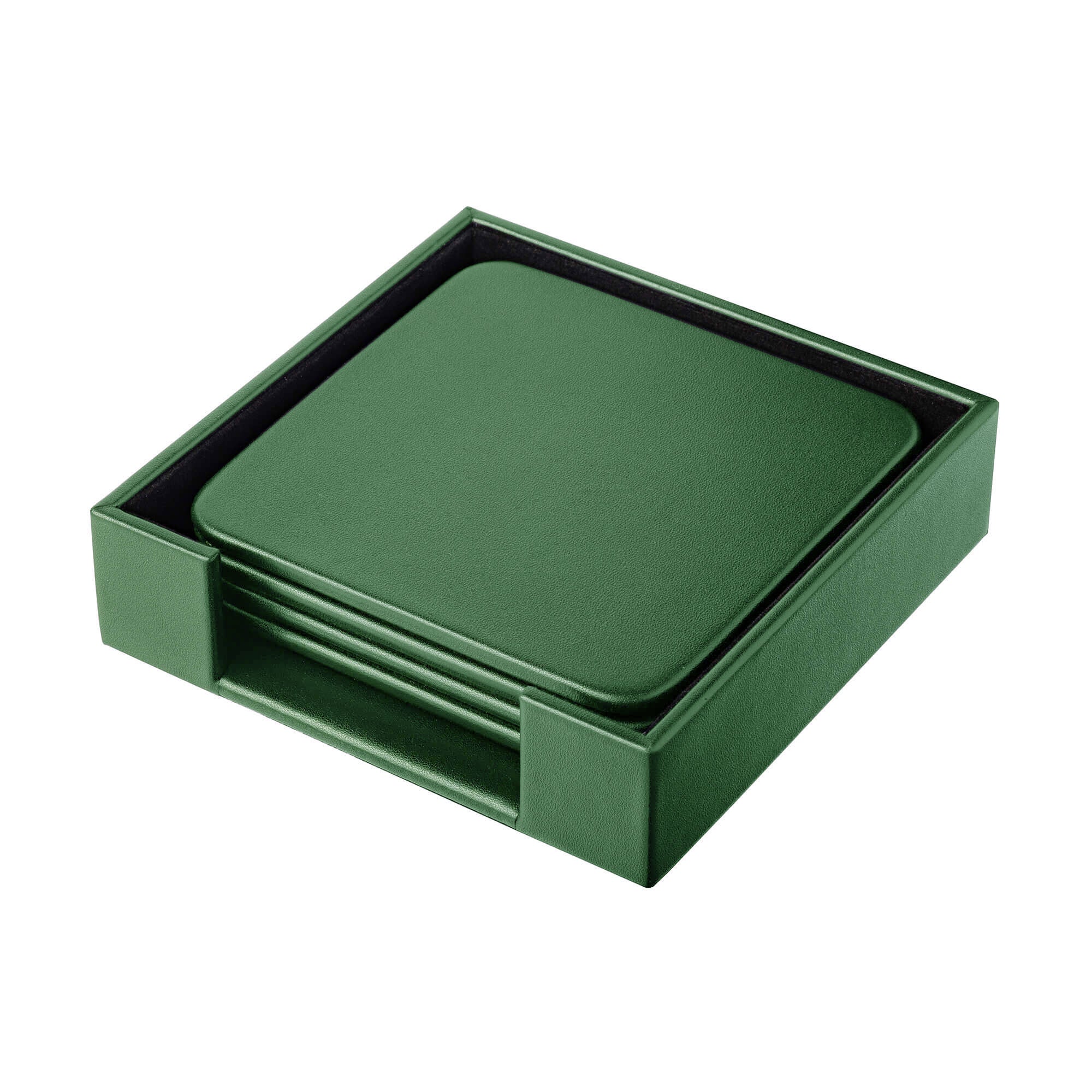 Dark Green Leather 4 Square Coaster Set w/ Holder